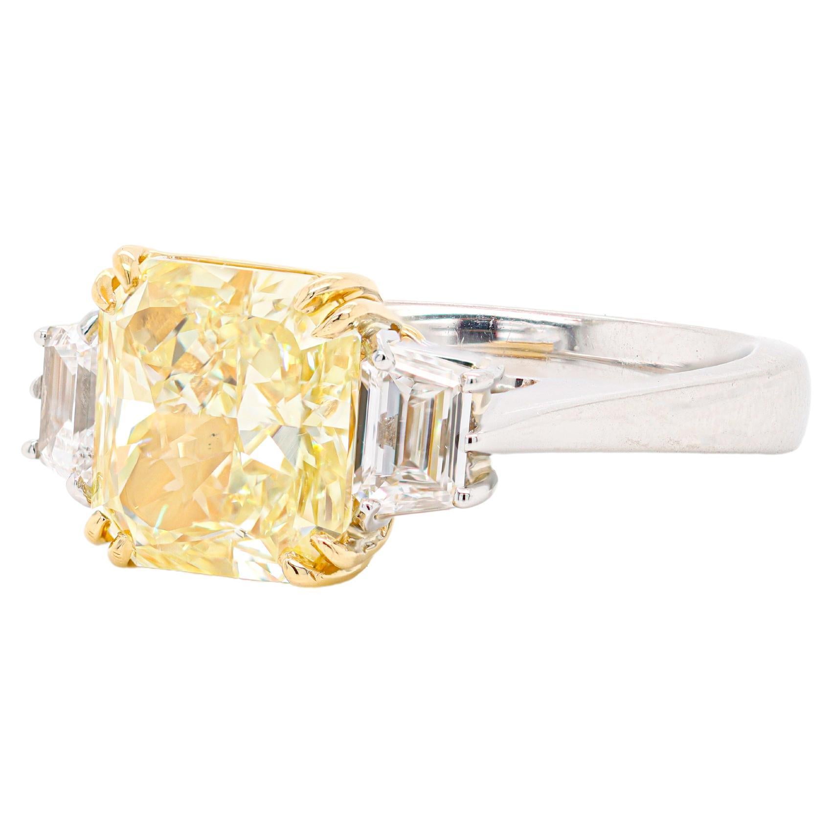 GIA Certified 4.20 Carat Fancy Intense Yellow Radiant Cut Three-Stone Ring In New Condition For Sale In LA, CA