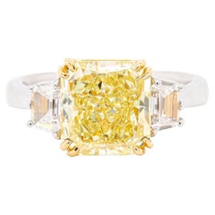 GIA Certified 4.20 Carat Fancy Intense Yellow Radiant Cut Three-Stone Ring