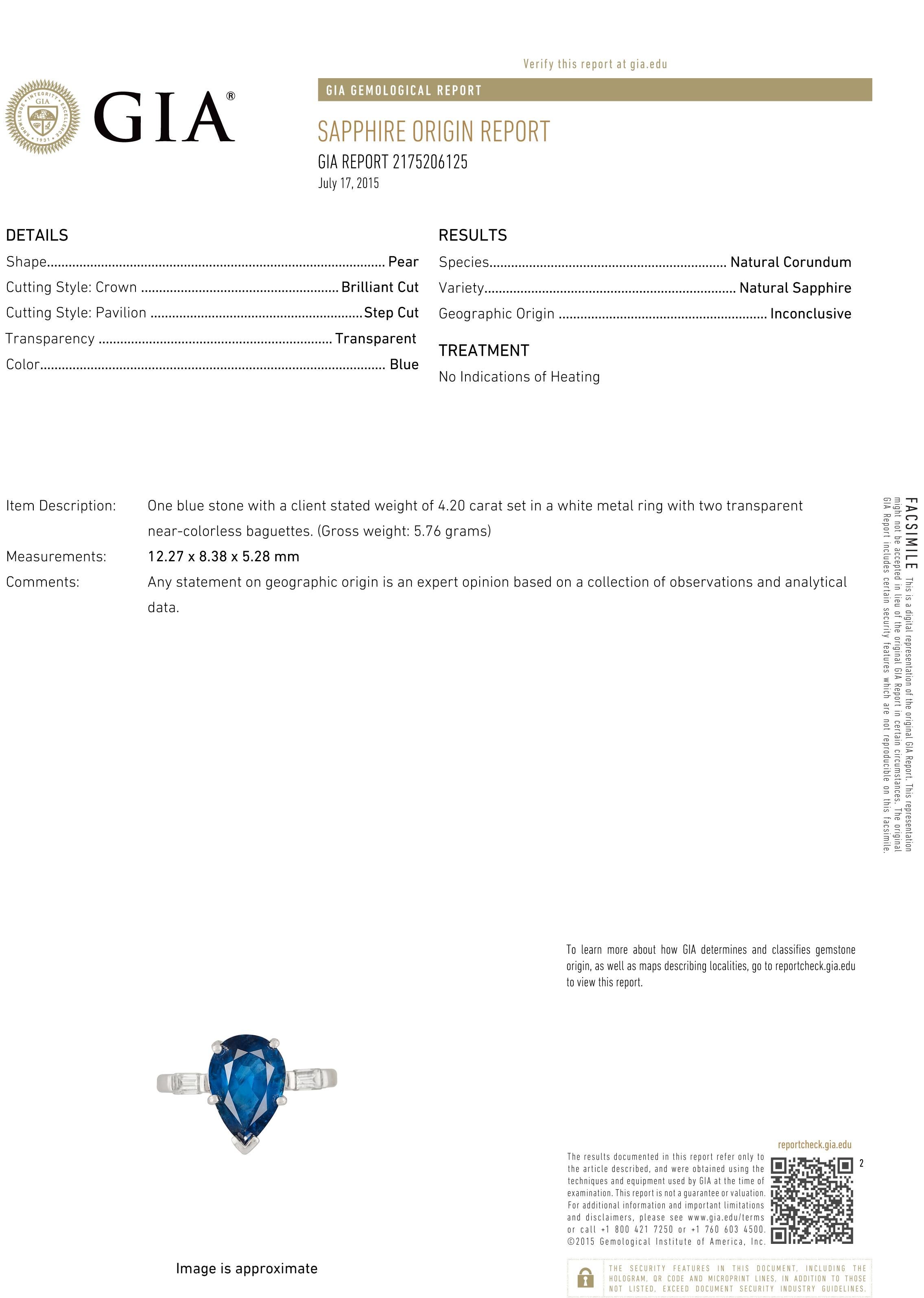 Bleu poire certifié GIA 4,20 carats  bague en saphir  en platine. en vente 3