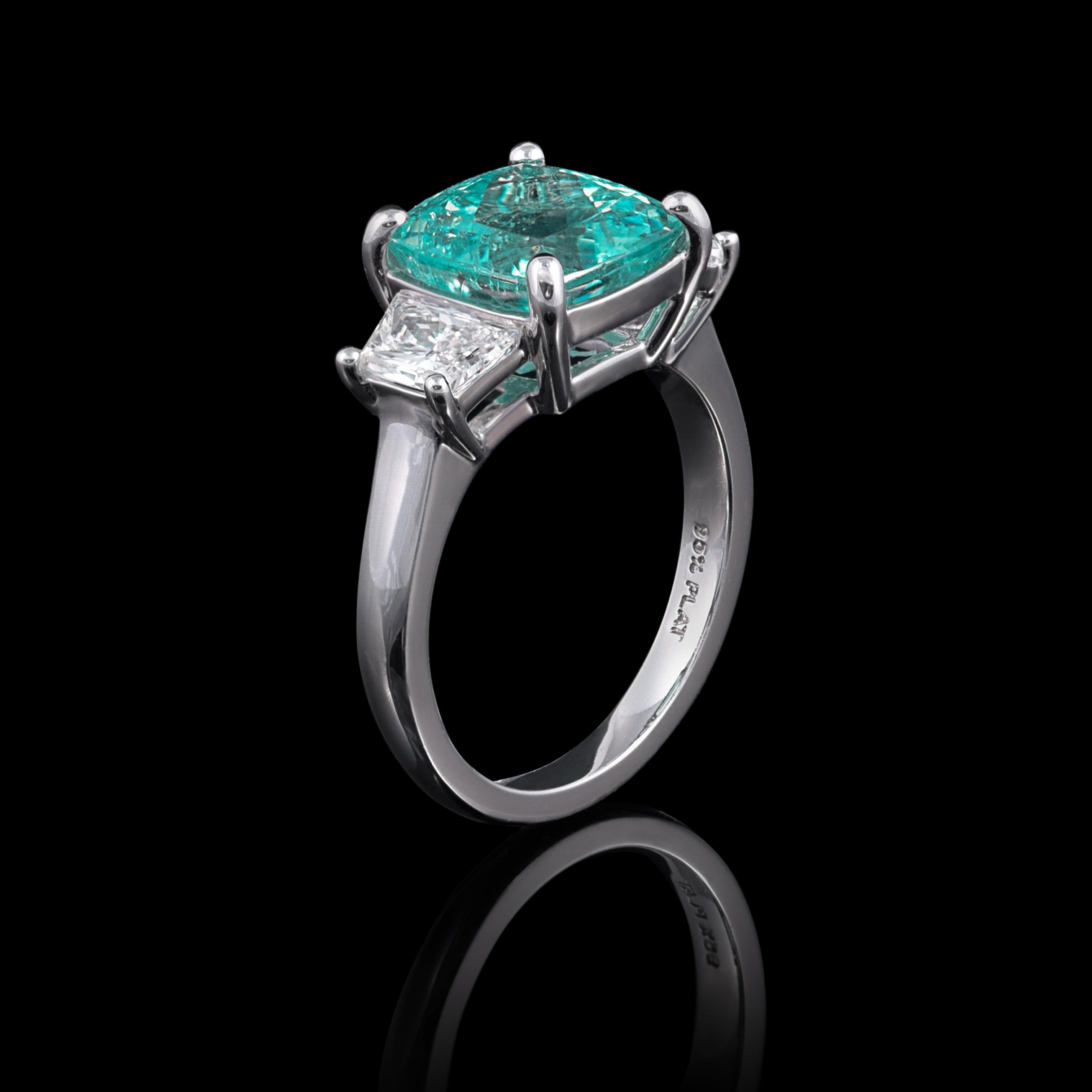 Romantic GIA Certified 4.21ct Natural Mozambique Paraiba Tourmaline Diamond Platinum Ring For Sale