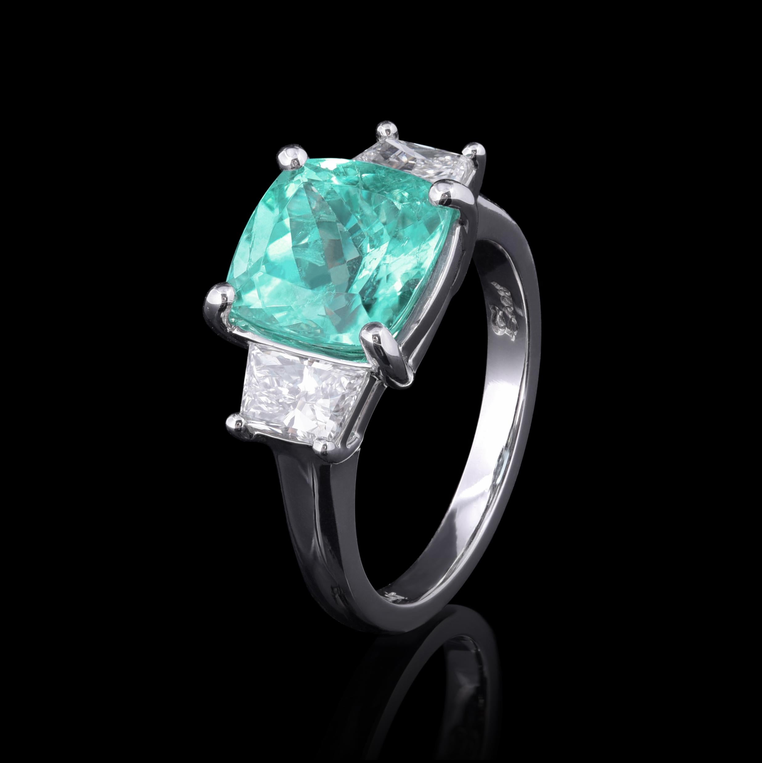 Brilliant Cut GIA Certified 4.21ct Natural Mozambique Paraiba Tourmaline Diamond Platinum Ring For Sale