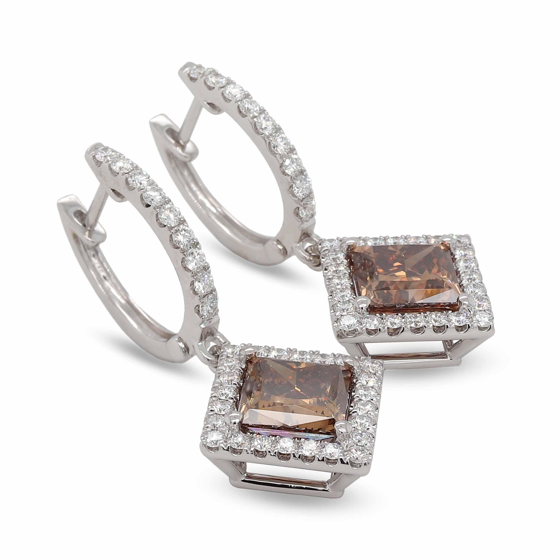 GIA Certified 4.23 Carat Brown Princess Cut Diamond Earrings  In New Condition For Sale In Houston, TX