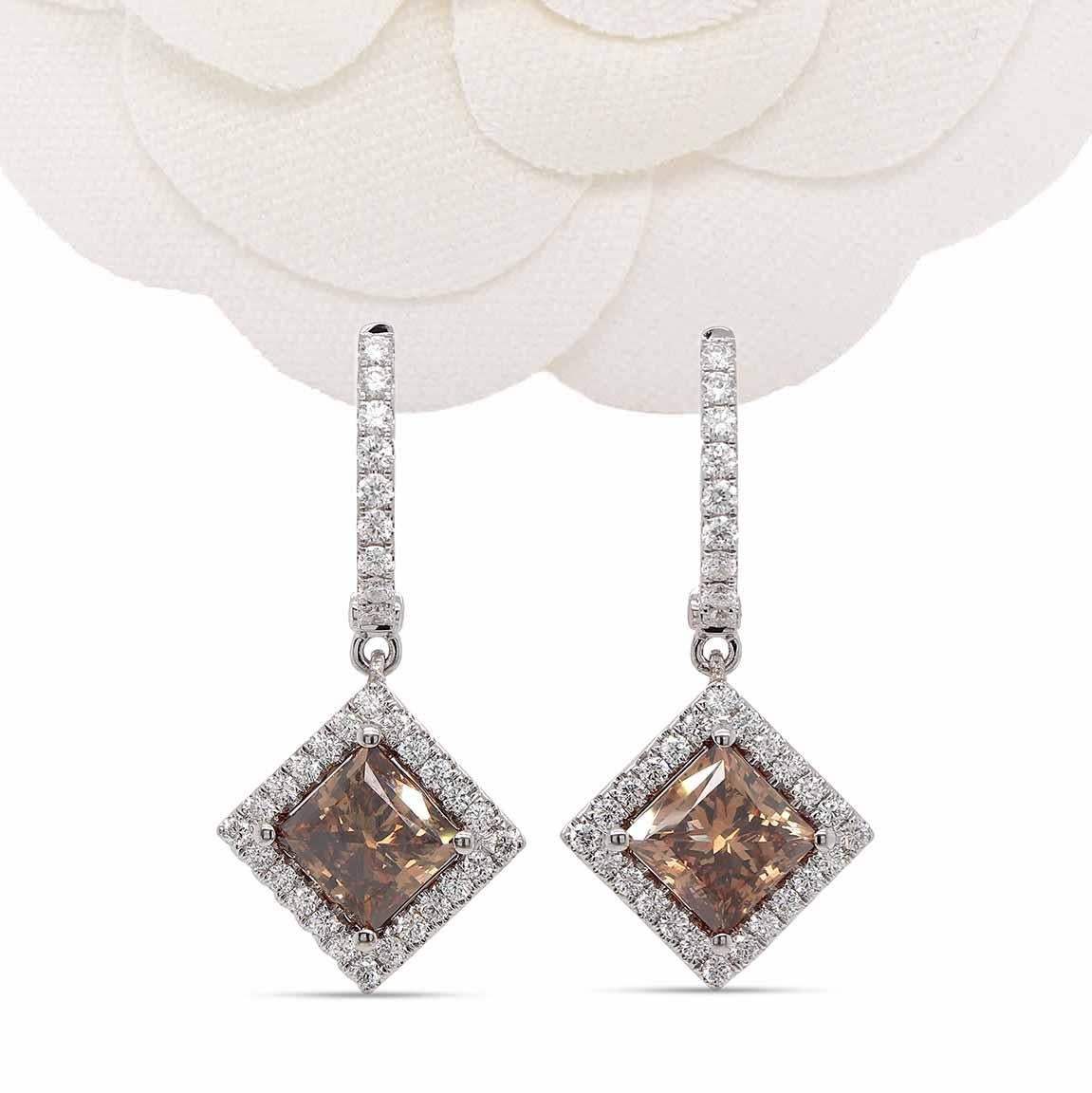 Women's GIA Certified 4.23 Carat Brown Princess Cut Diamond Earrings  For Sale