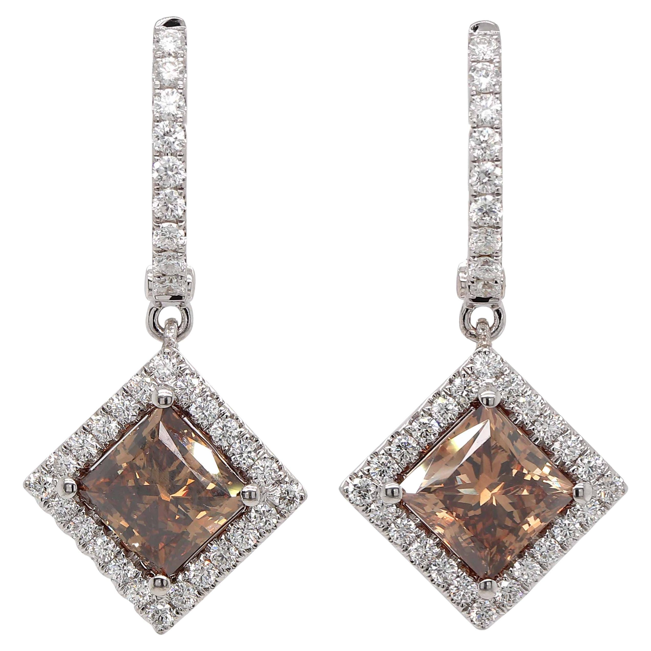 GIA Certified 4.23 Carat Brown Princess Cut Diamond Earrings 