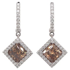 GIA Certified 4.23 Carat Brown Princess Cut Diamond Earrings 