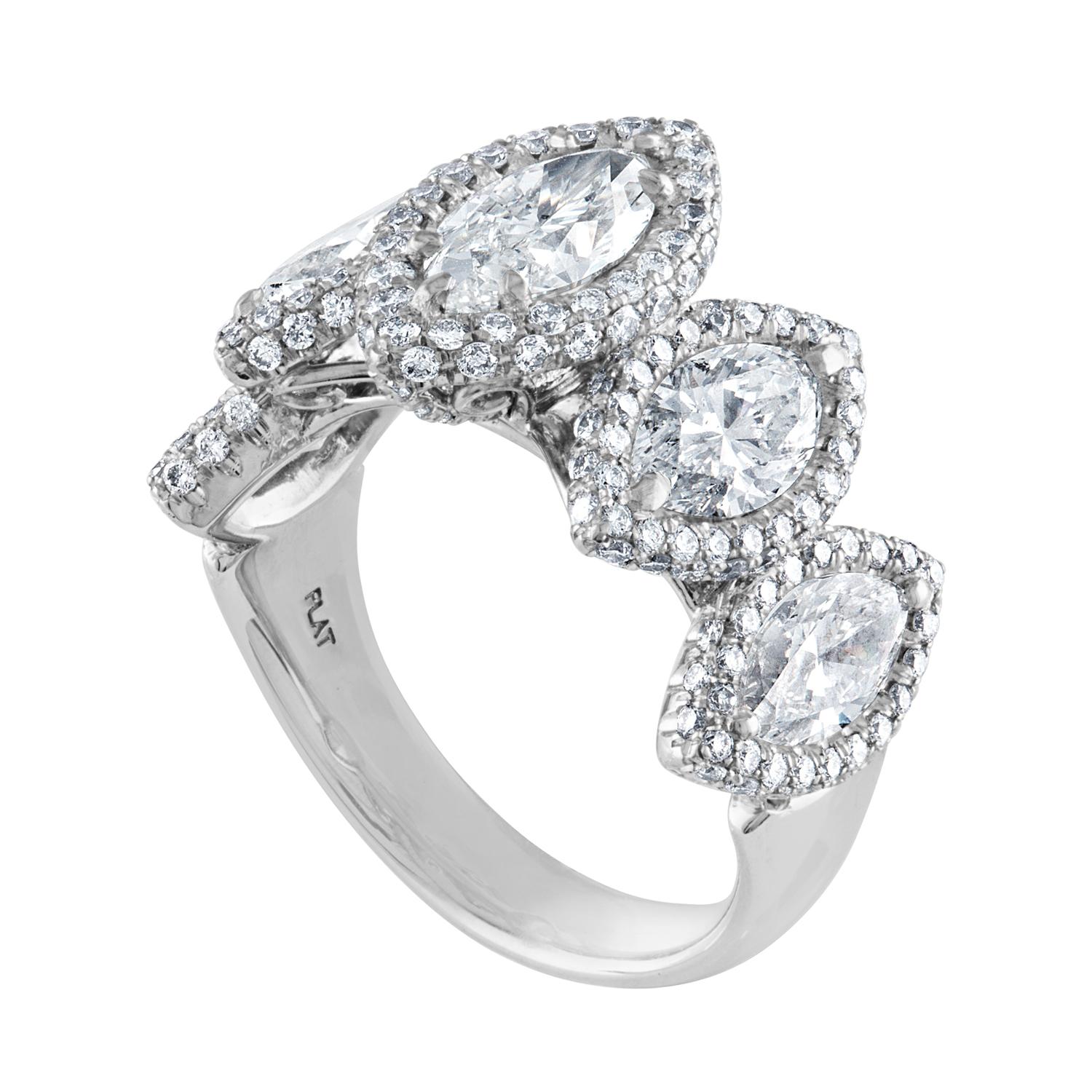 5 stone Marquise Cut Ring
The ring is Platinum
The ring has a center stone GIA 0.94CT H SI1
The 4 side stones 2.25Ct H VS/SI
There are 1.04CT in small round diamonds G/H VS.
All Diamonds weigh together 4.23 Carats.
The ring is a size 6.75,