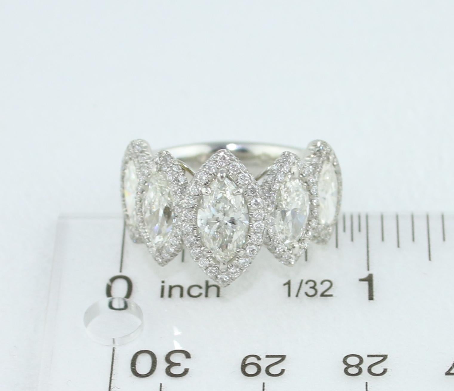 GIA Certified 4.23 Carat Five-Stone Marquise Cut Diamond Platinum Ring In New Condition For Sale In New York, NY