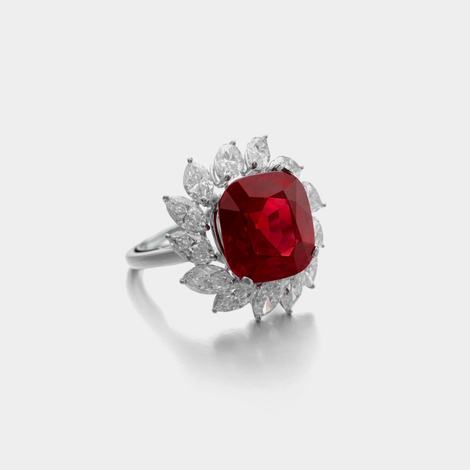 Contemporary GIA Certified 4.26 Untreated Red Ruby Diamond Platinum Ring For Sale