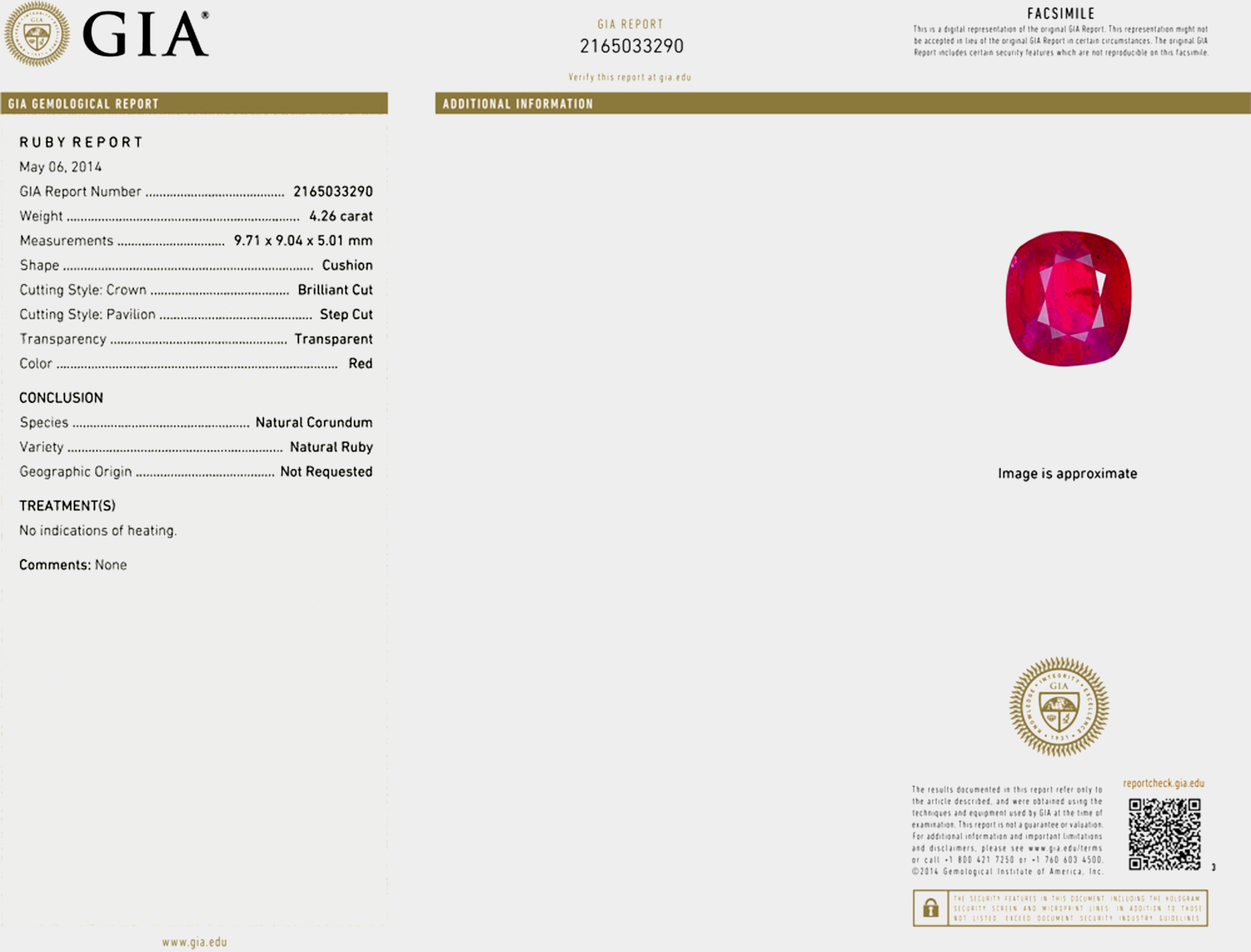 Cushion Cut GIA Certified 4.26 Untreated Red Ruby Diamond Platinum Ring For Sale