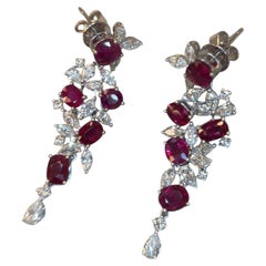 GIA Certified 4.26ct Unheated Burma Ruby Diamond Chandelier Earrings