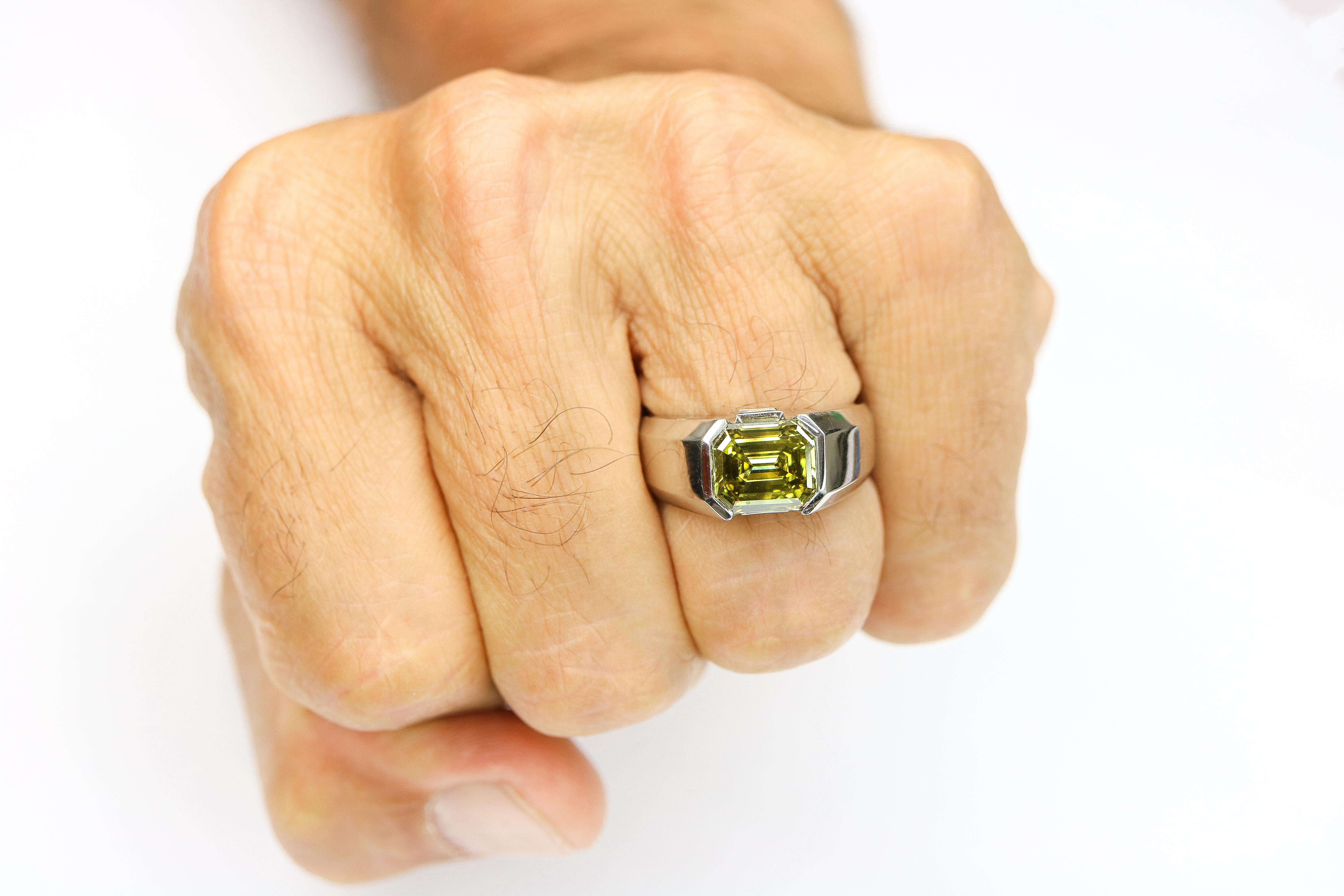 GIA Certified 4.27 Carat Emerald cut Deep Brownish Greenish Yellow Diamond Men In New Condition For Sale In Calabasas, CA