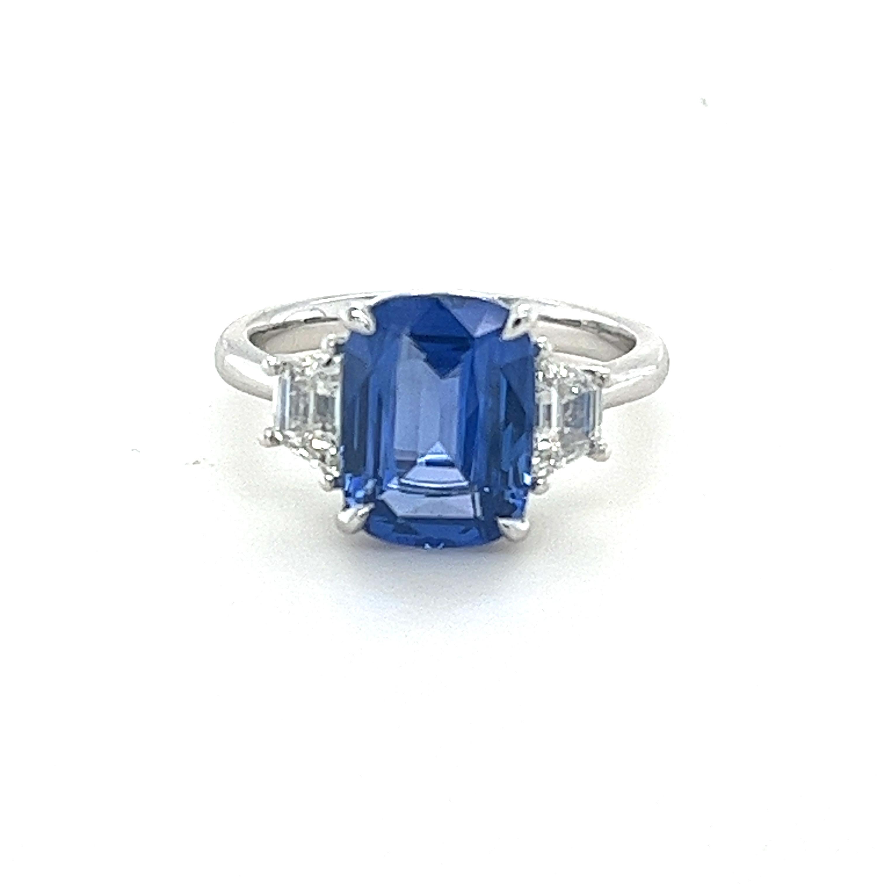 Cushion Cut GIA Certified 4.28 Carat Ceylon Sapphire & Diamond Ring in Platinum For Sale