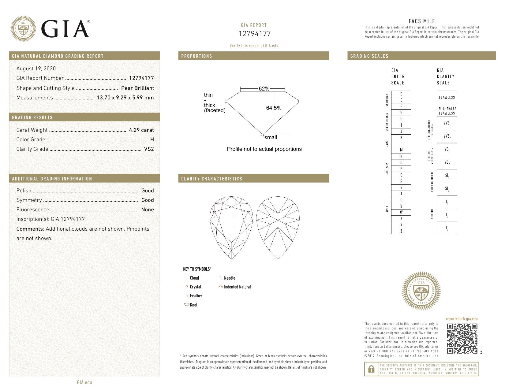 GIA Certified 4.29 Carat Pear Brilliant Platinum Diamond Engagement Ring 3
