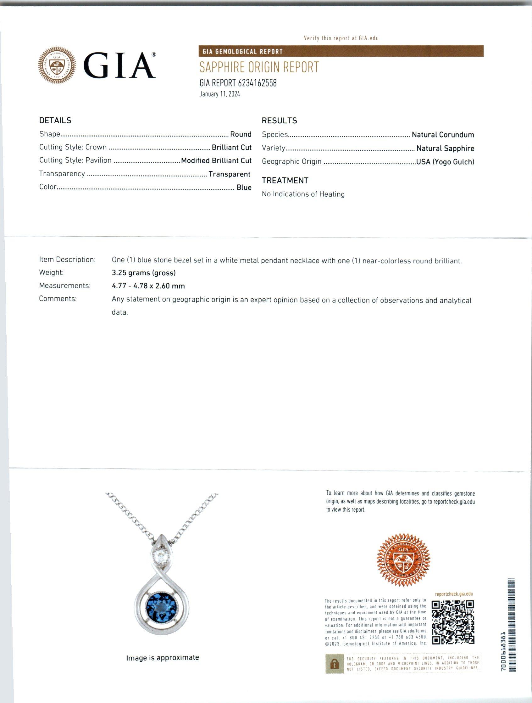 GIA Certified .43 Carat Yogo Gulch Montana Sapphire Diamond Platinum Necklace  In Good Condition For Sale In Stamford, CT