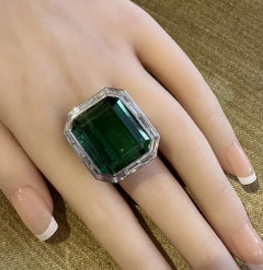 GIA Certified 43 ct Green Tourmaline & Diamond Halo Cocktail Ring 18k White Gold