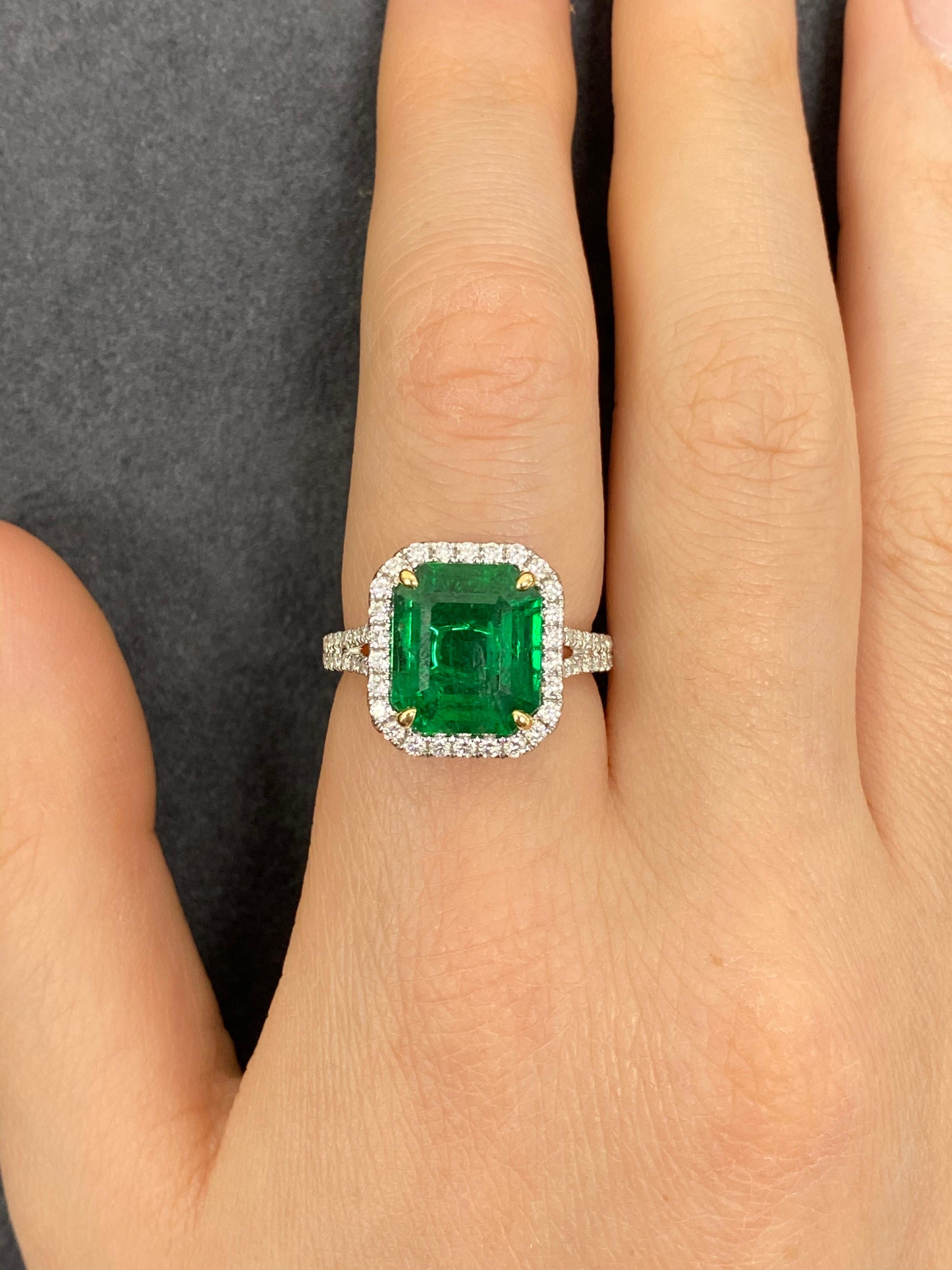 Emerald Cut GIA Certified 4.30 Carat African Emerald and Diamond Ring