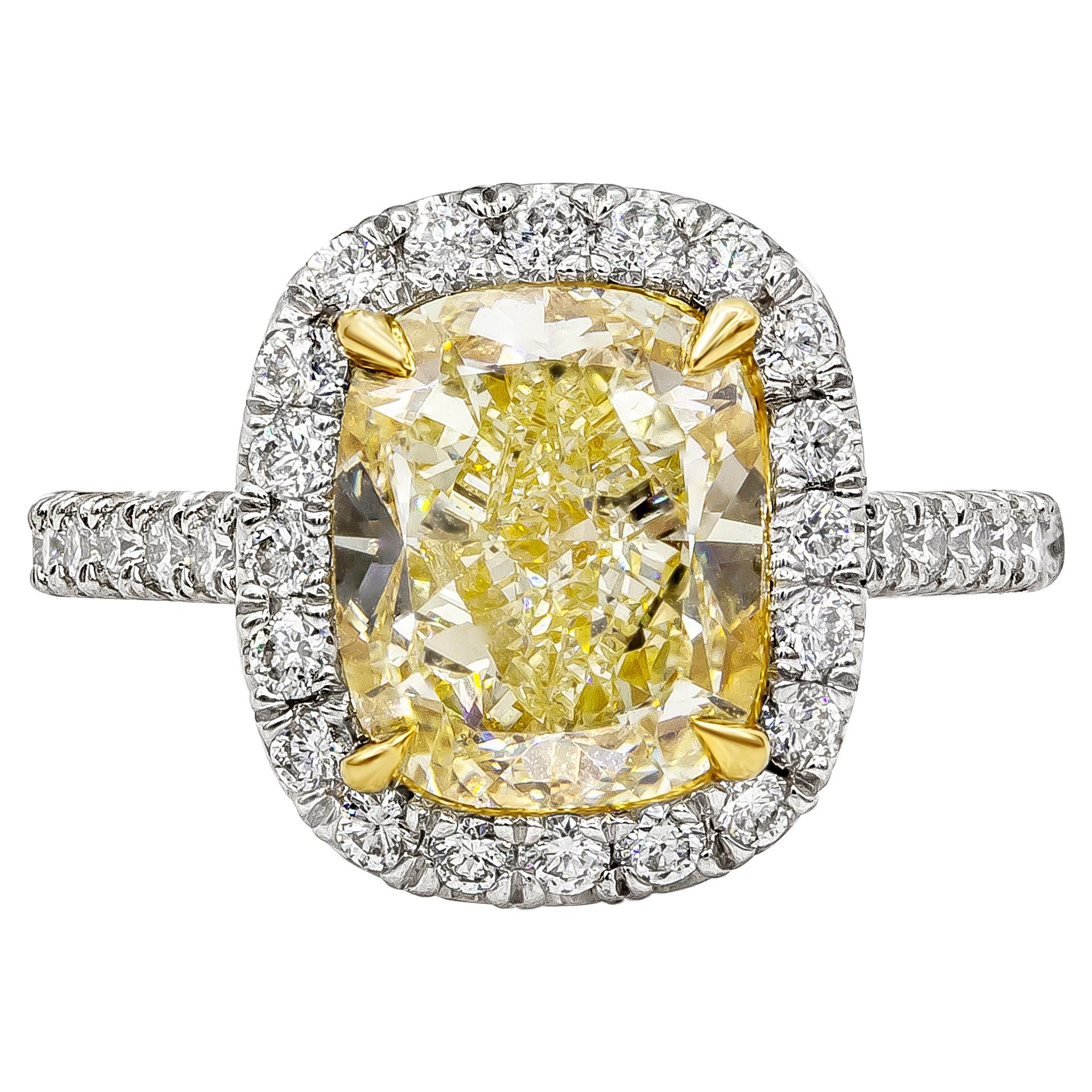 GIA Certified 4.30 Carat Cushion Cut Yellow Diamond Halo Engagement Ring