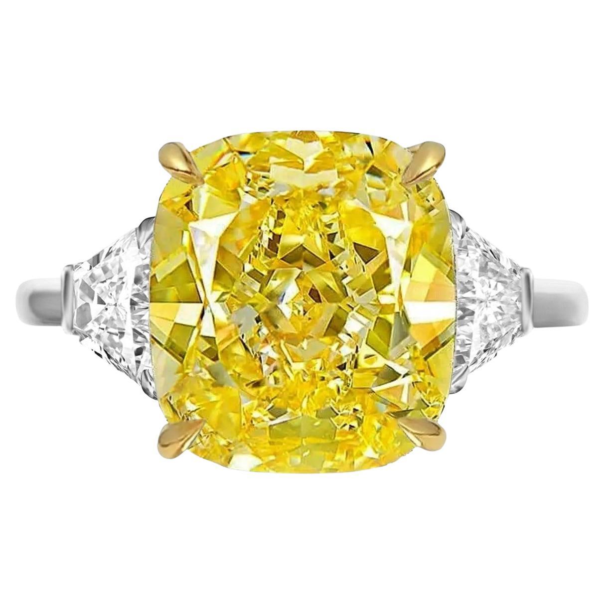 GIA Certified 4.30 Carat Fancy Yellow Cushion Diamond Ring Internally Flawless