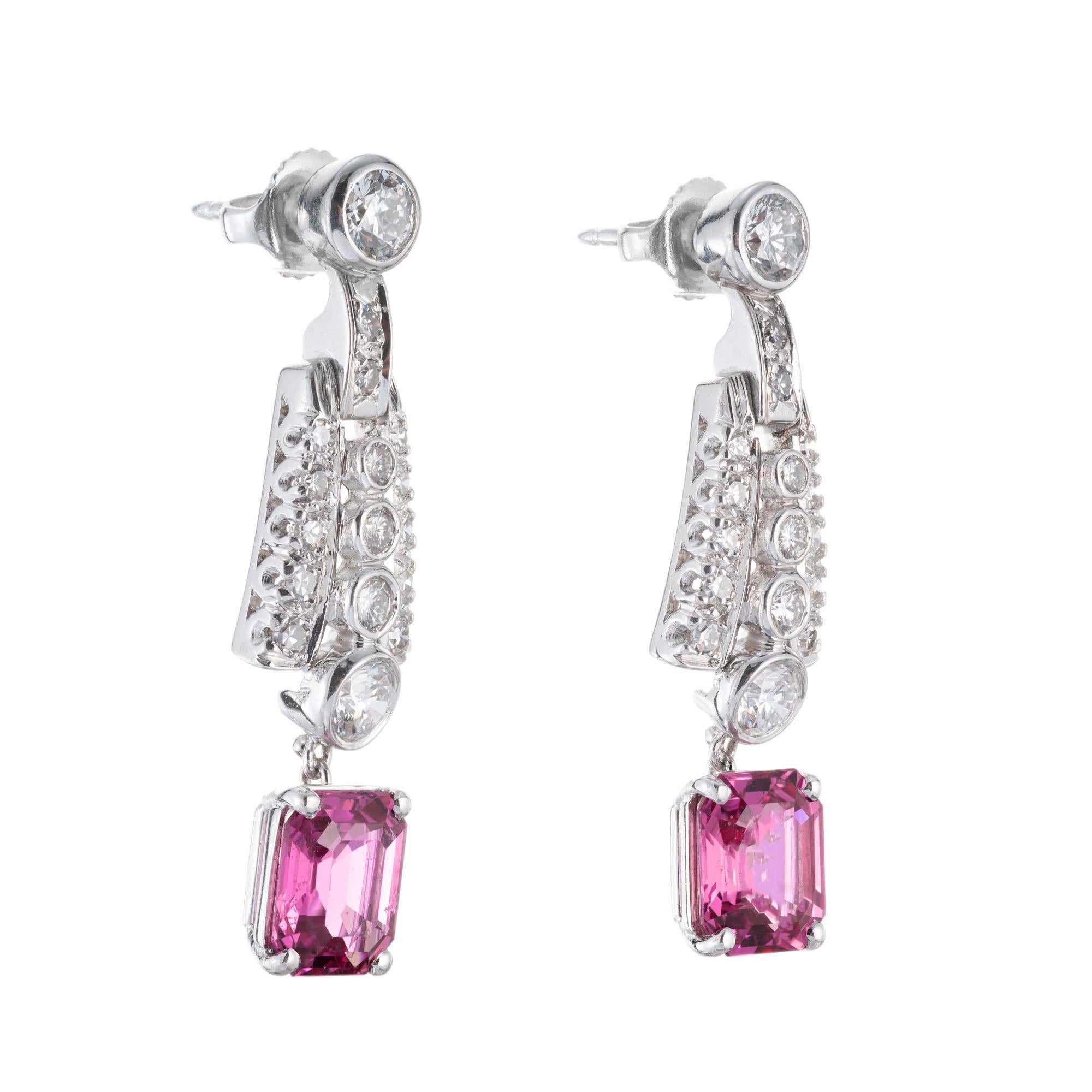  Sapphire and diamond earrings. 36 round full cut diamond hinged tops with 2 octagonal cut pink sapphire dangles. GIA certified.  Circa 1940-1950.

1 octagonal pink sapphire 2.00ct GIA certified simple heat only. GIA certificate # 1152704105
1