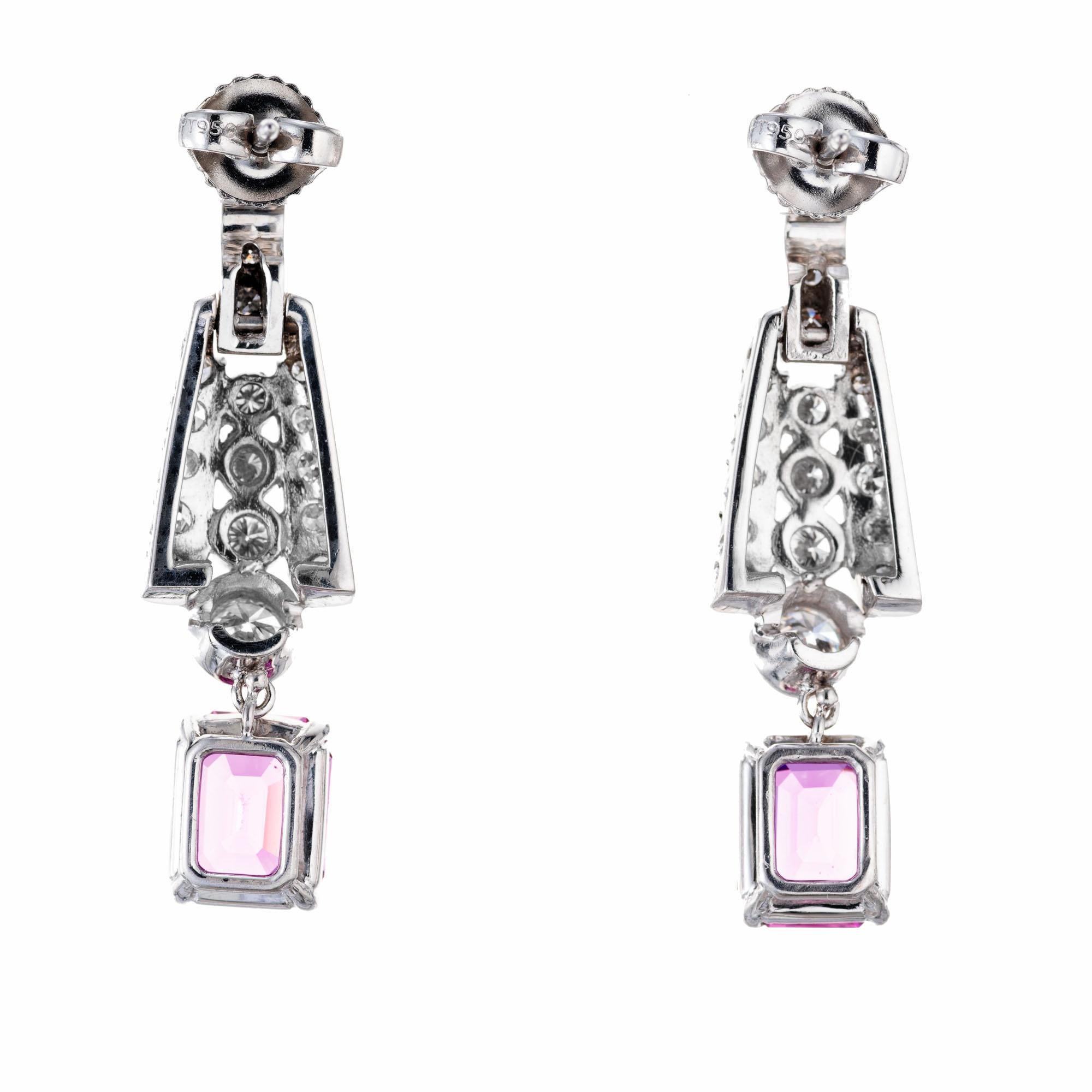 Octagon Cut GIA Certified 4.30 Carat Pink Sapphire Diamond Platinum Dangle Drop Earrings For Sale