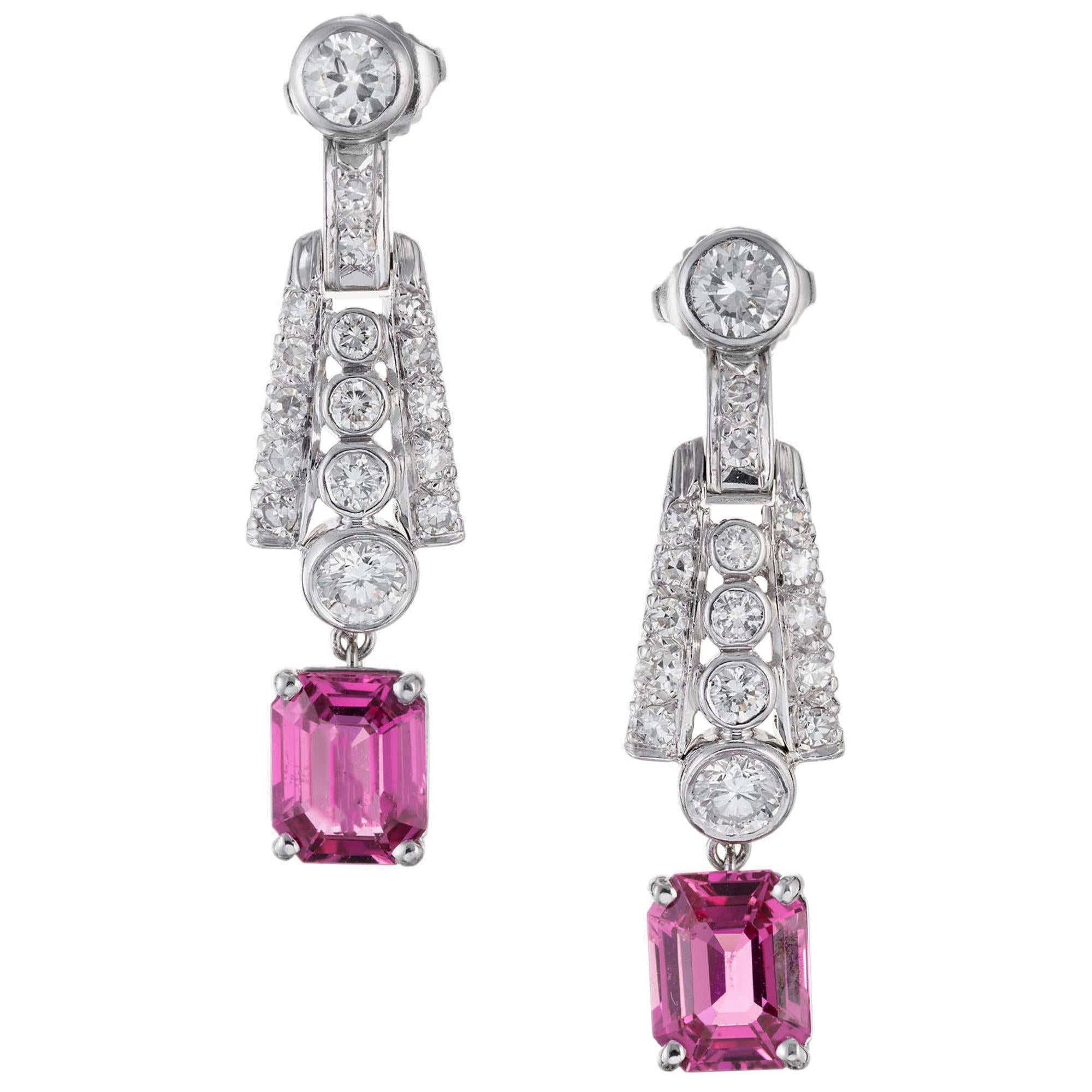 GIA Certified 4.30 Carat Pink Sapphire Diamond Platinum Dangle Drop Earrings