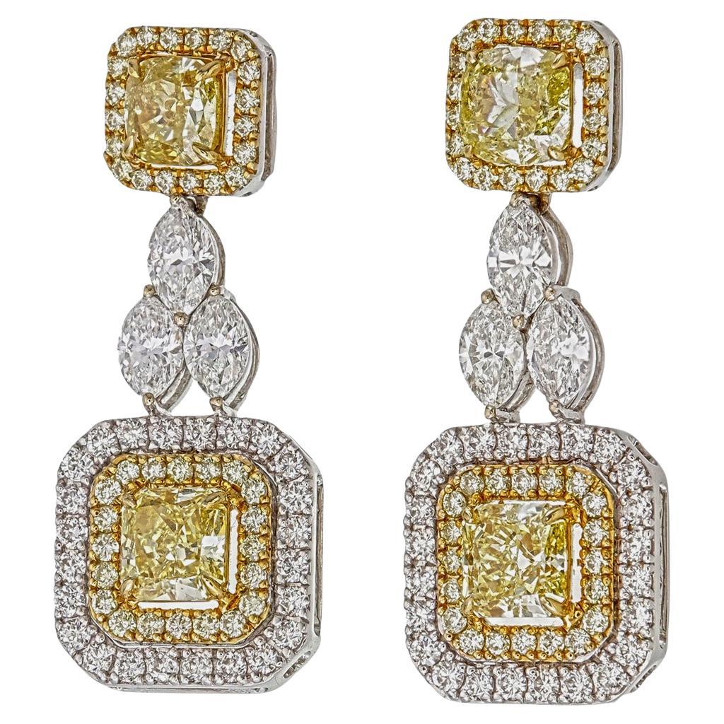 GIA Certified 4.31 Carat Fancy Intense Yellow Diamond Earrings In 18 Karat White