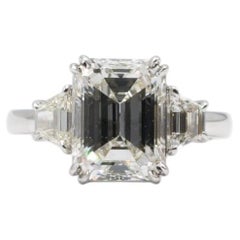 GIA Certified 4.32 Emerald Cut Natural Diamond Three Stone Engagement Ring