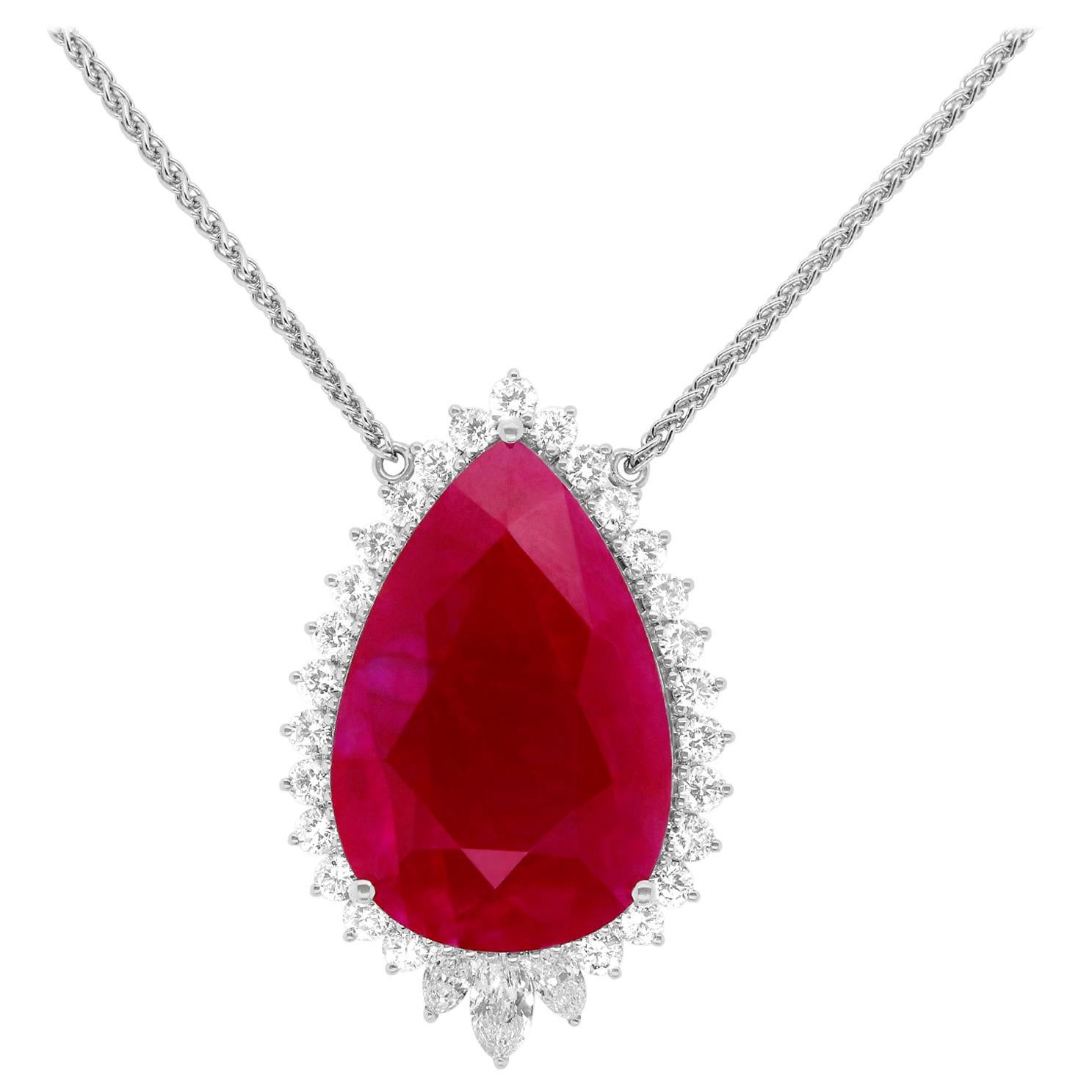 GRS Certified 43.29 Carat Pear Shaped Ruby Diamond Halo Necklace 18K White Gold For Sale