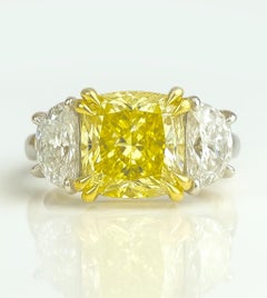 GIA Certified 4 Carat Fancy Yellow Cushion Diamond Ring