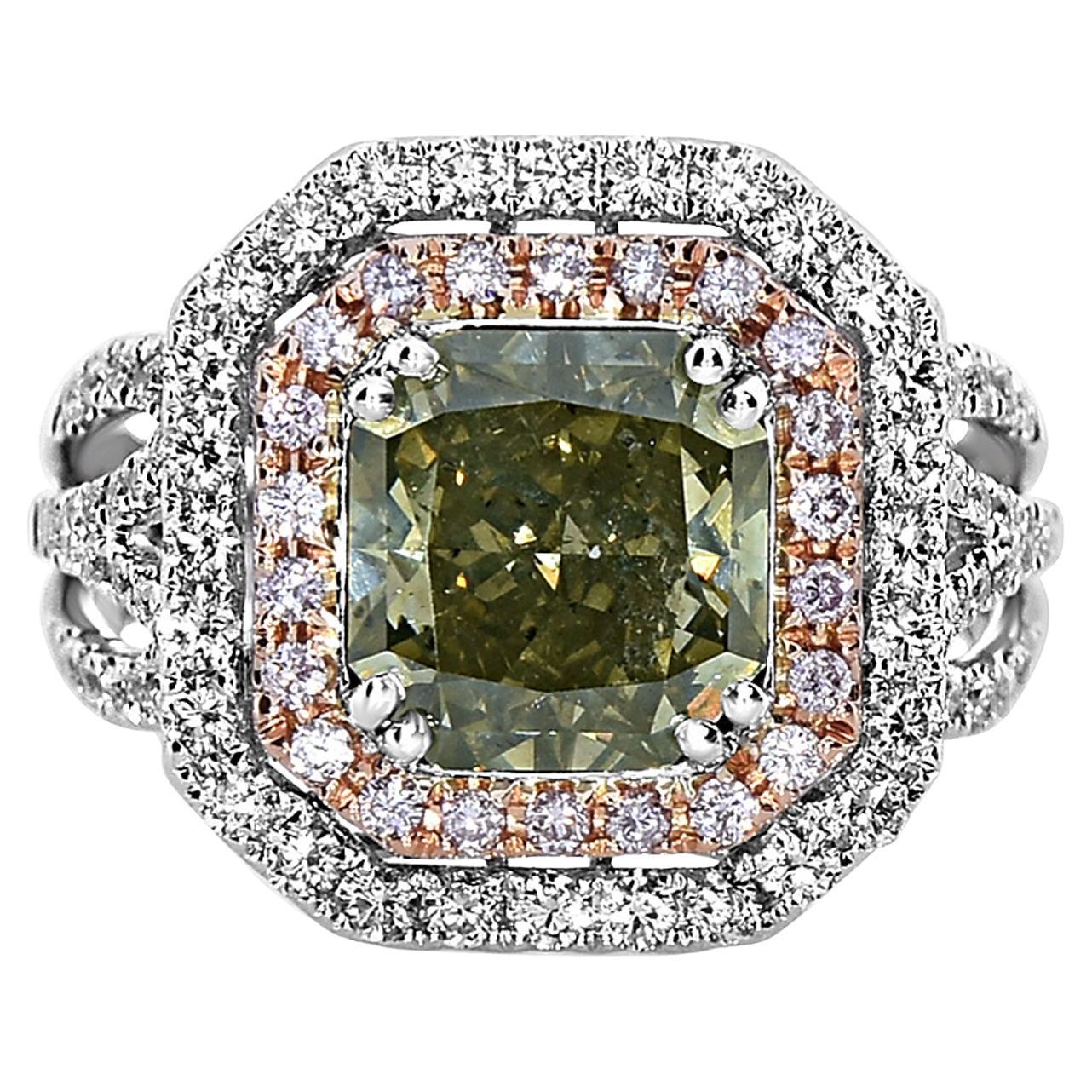 GIA Certified 4.34 Carat Pink Fancy and White Diamond White Gold Cluster Ring