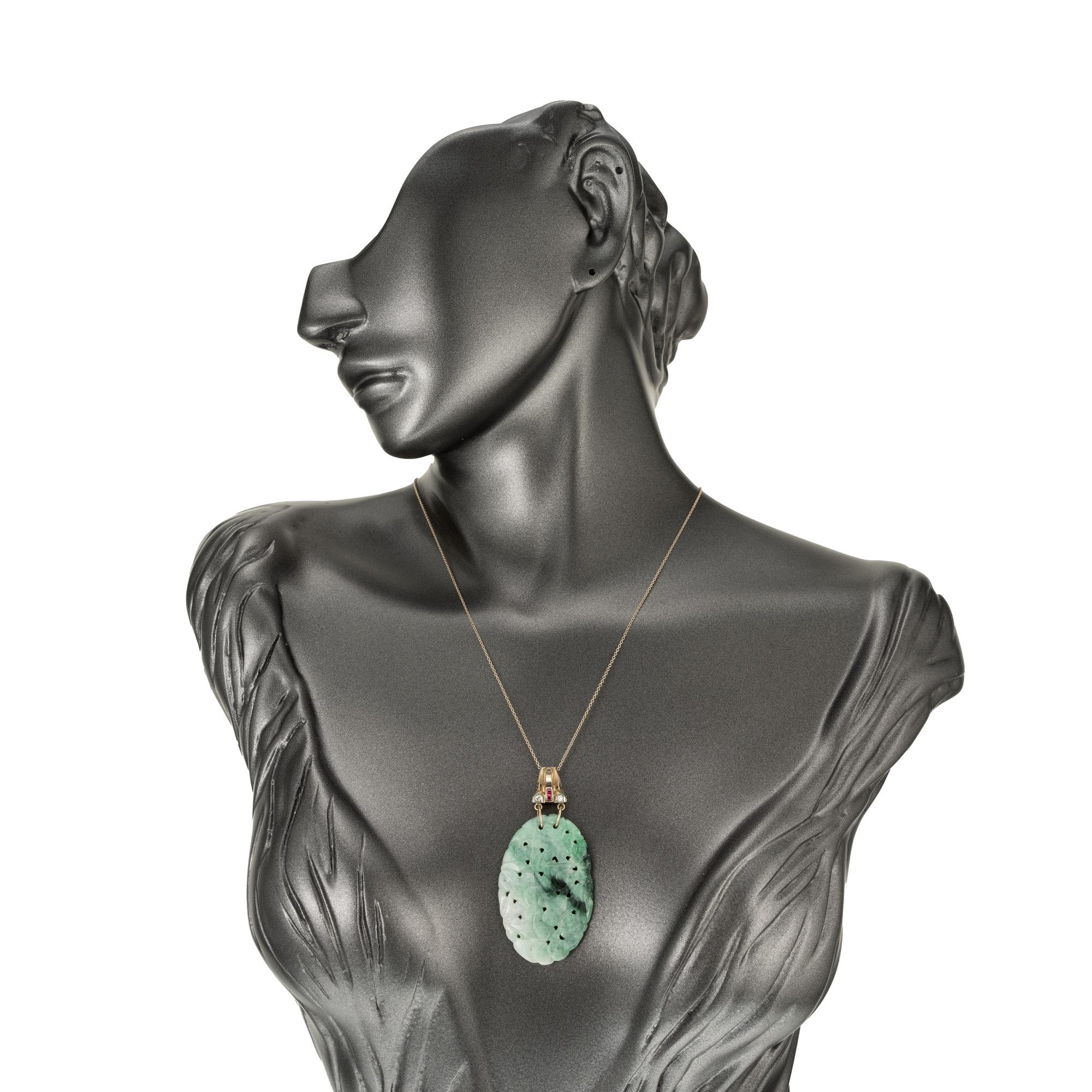 Oval Cut GIA Certified 43.79 Carat Jadeite Jade Ruby Diamond Pendant Necklace For Sale
