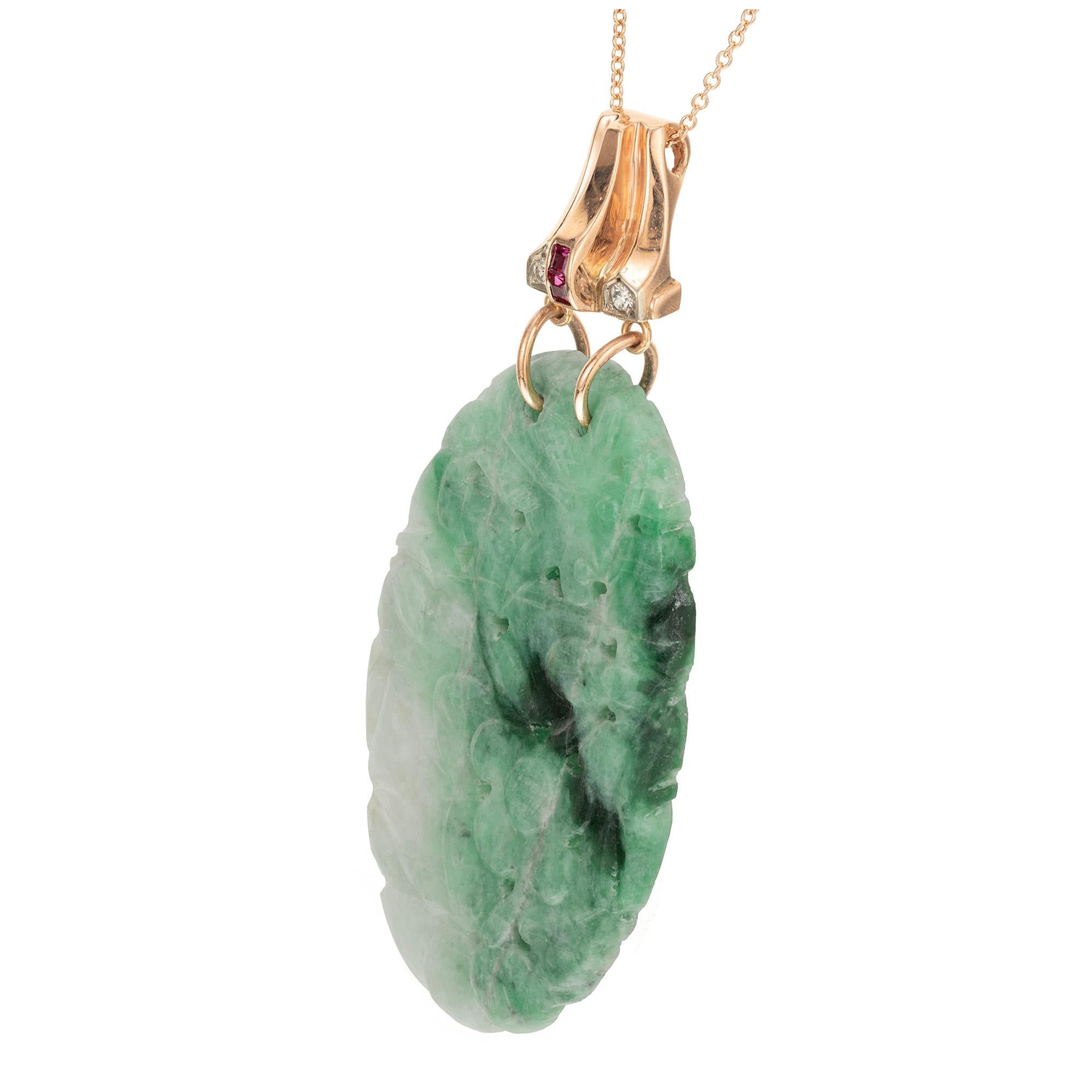 GIA Certified 43.79 Carat Jadeite Jade Ruby Diamond Pendant Necklace In Good Condition For Sale In Stamford, CT