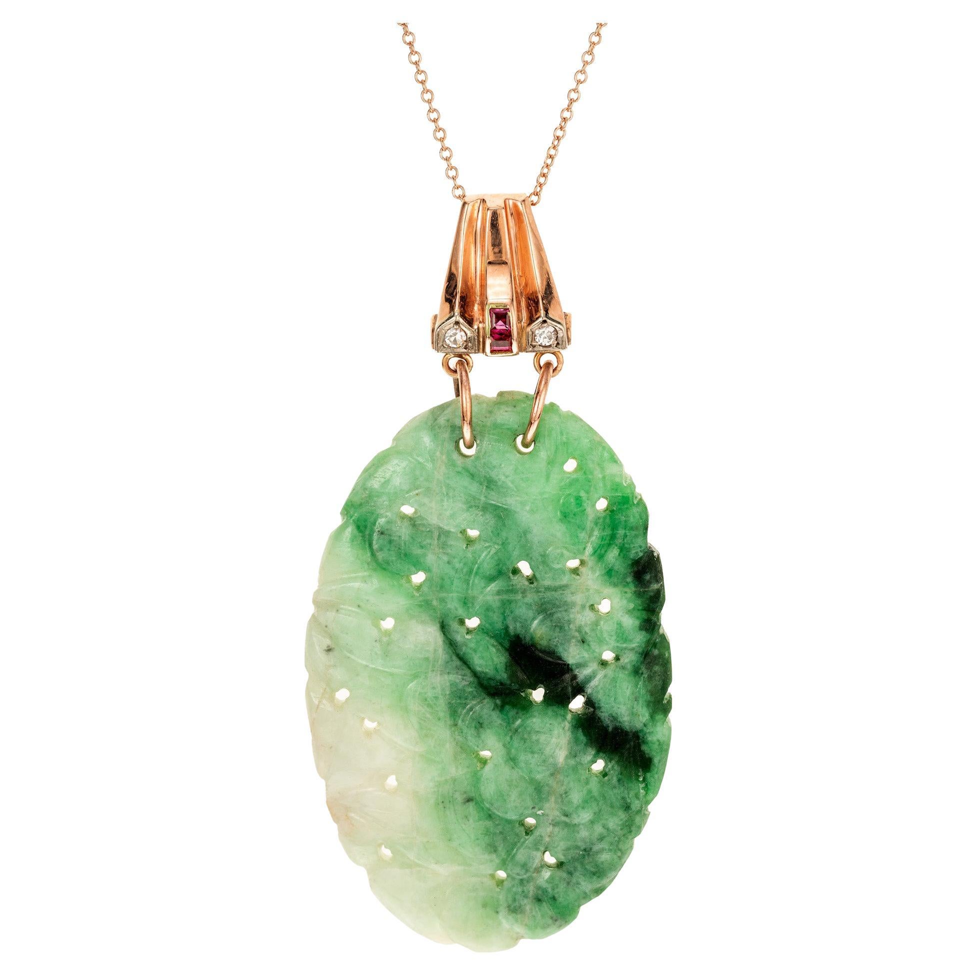 GIA Certified 43.79 Carat Jadeite Jade Ruby Diamond Pendant Necklace For Sale