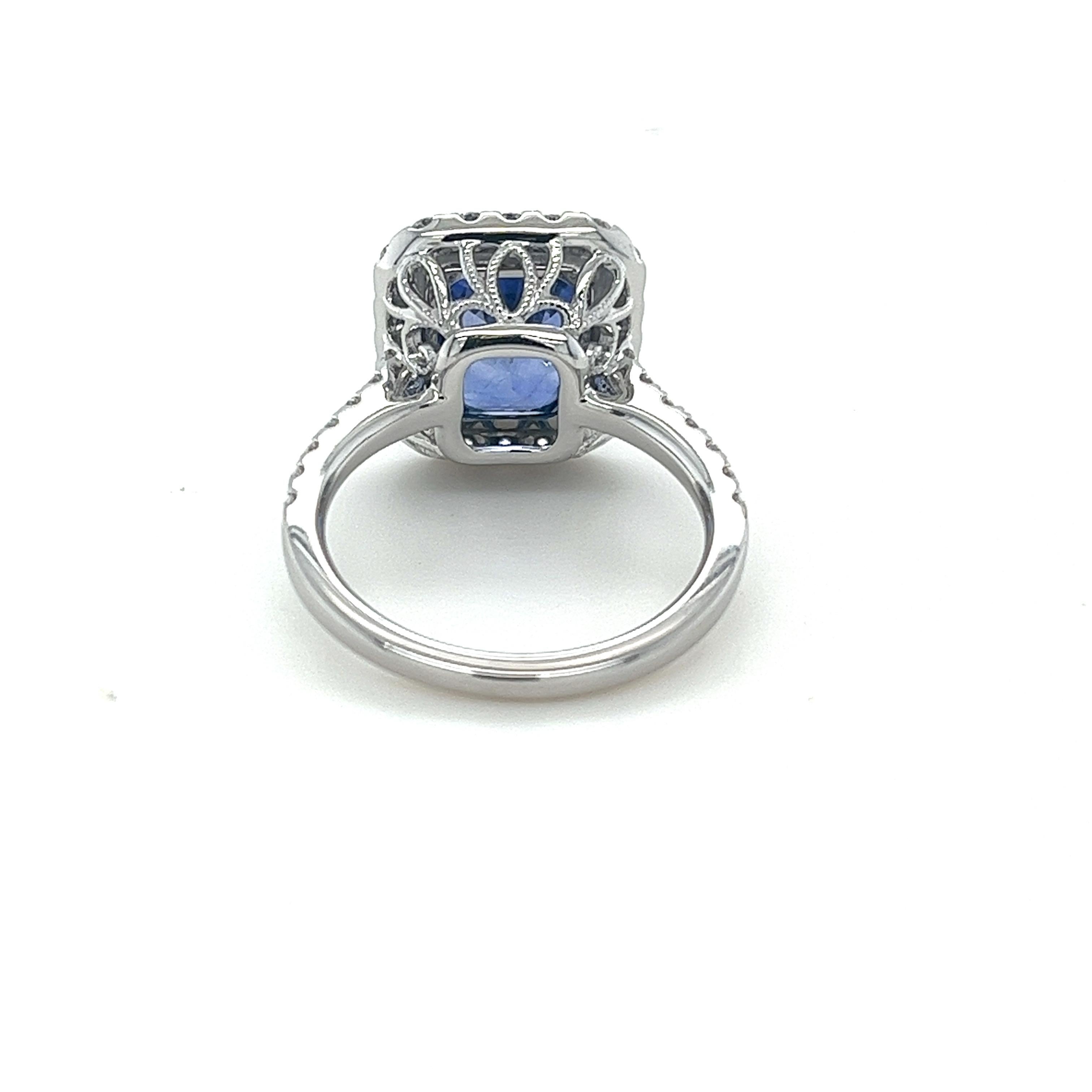 Cushion Cut GIA Certified 4.39 Carat Ceylon Sapphire & Diamond Halo Ring For Sale