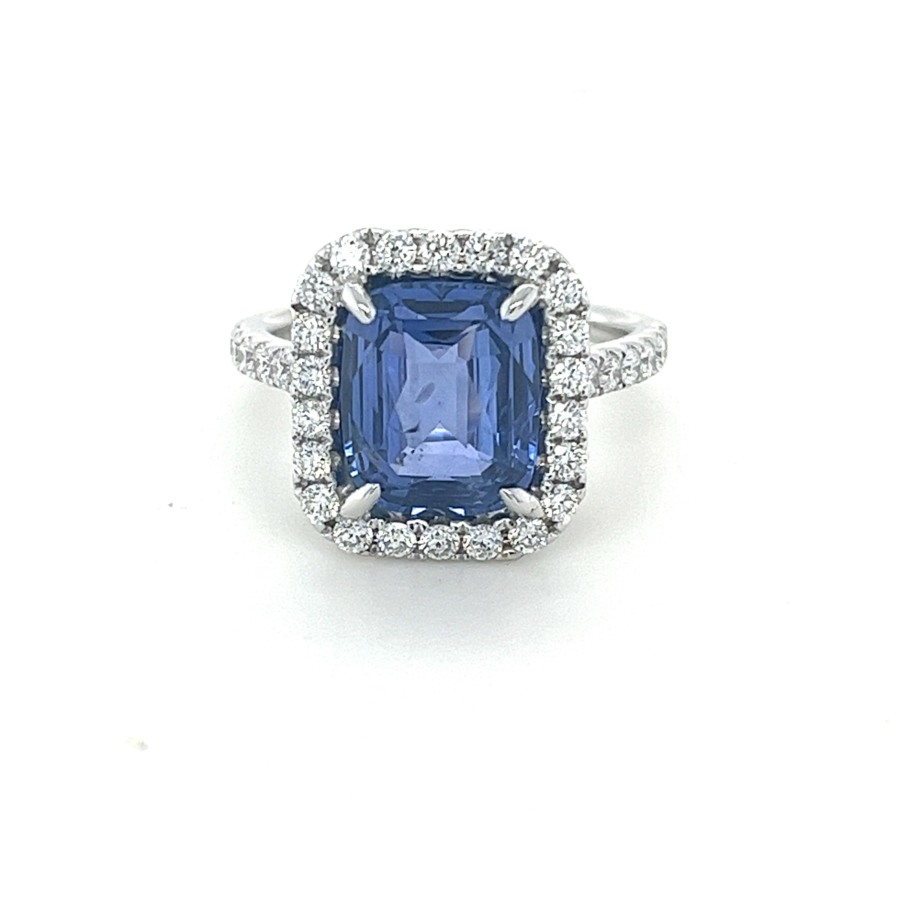 GIA Certified 4.39 Carat Ceylon Sapphire & Diamond Halo Ring For Sale
