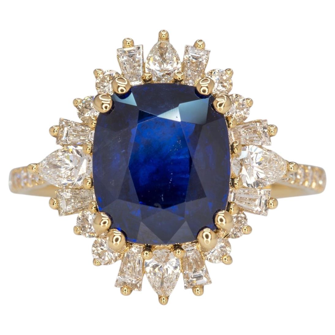 GIA Certified 4.3Ct Ceylon Sapphire Ring with Natural Diamond Accents: 14K Gold
