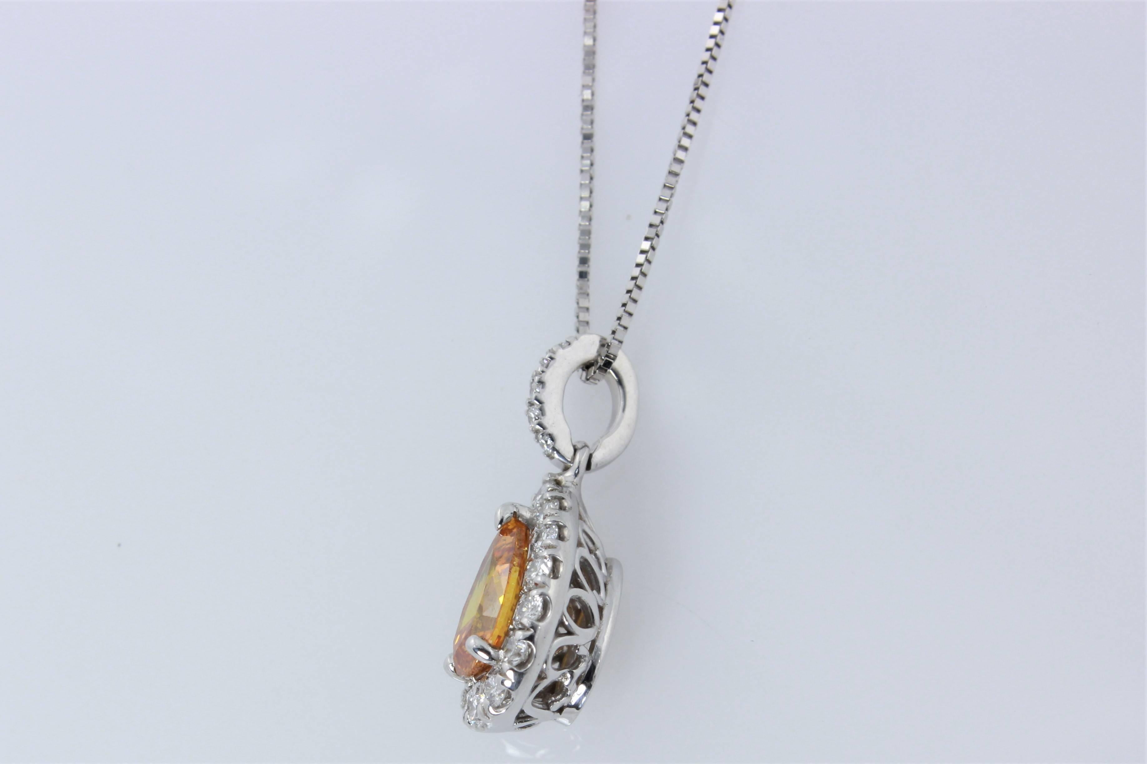 Pear Cut GIA Certified .44 ct Natural Yellowish Orange Pear Shape Diamond 14kt Pendant For Sale