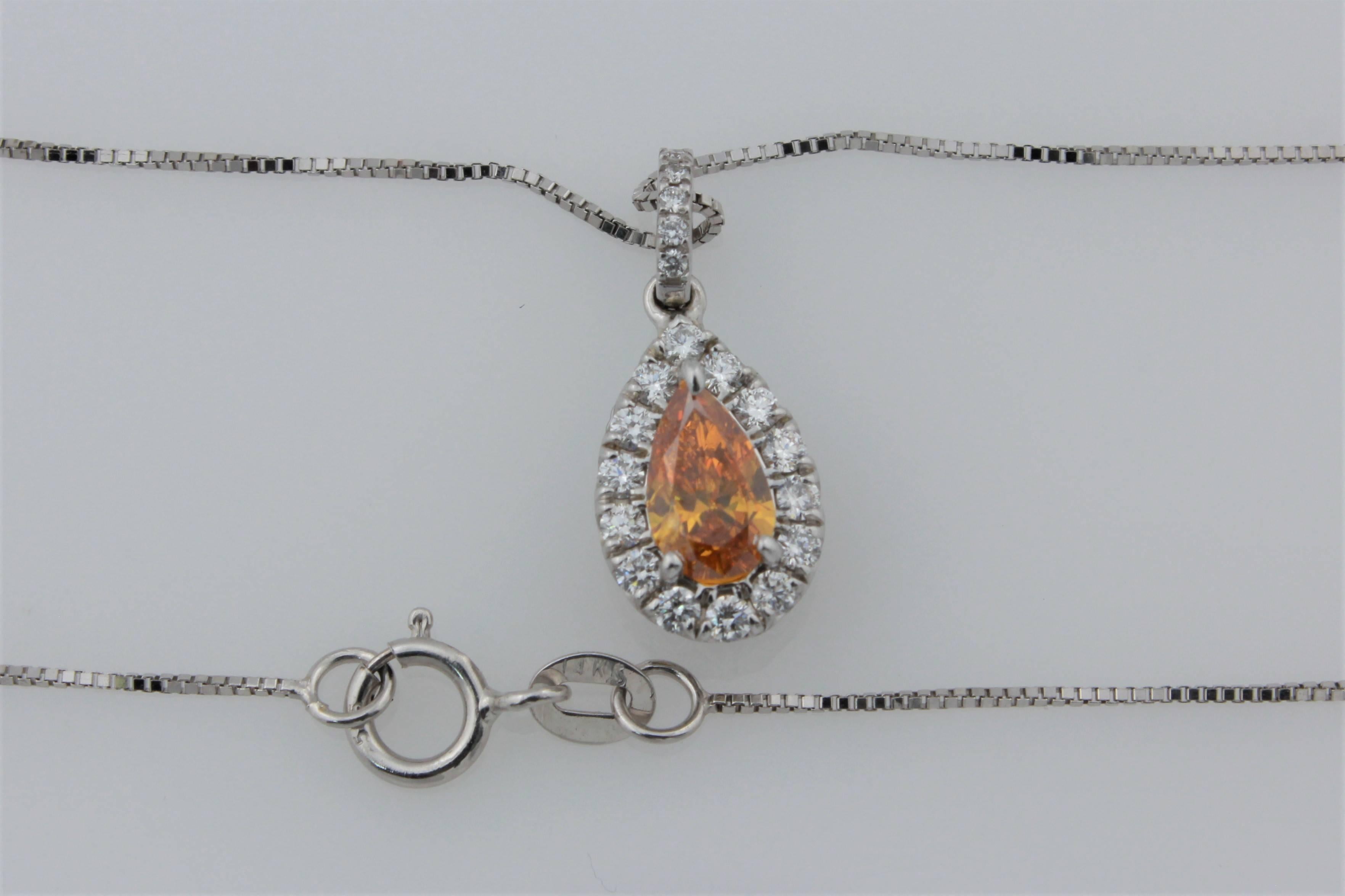 GIA Certified .44 ct Natural Yellowish Orange Pear Shape Diamond 14kt Pendant In New Condition For Sale In Walnut Creek, CA