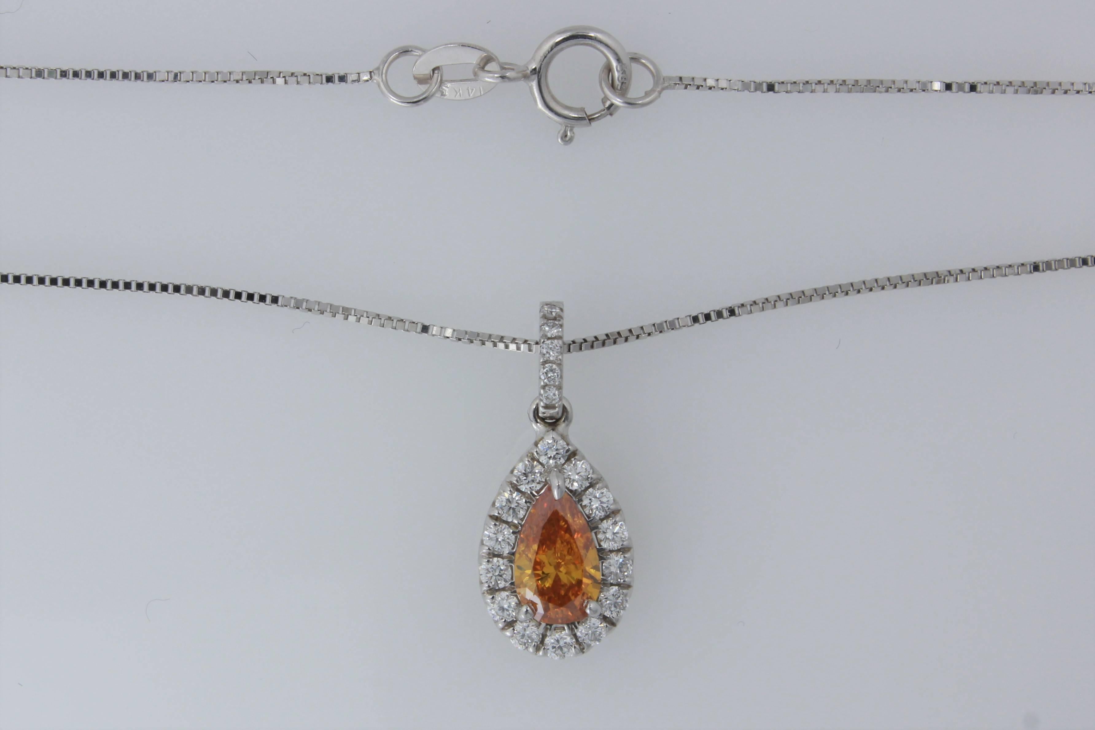 GIA Certified .44 ct Natural Yellowish Orange Pear Shape Diamond 14kt Pendant For Sale 2