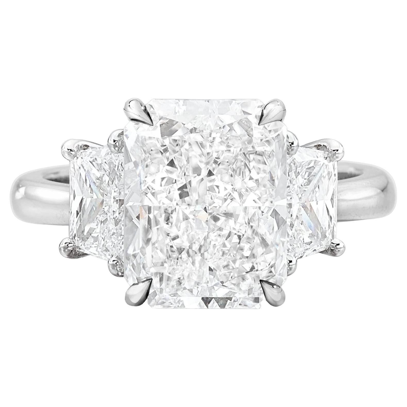 GIA Certified 4.4 CT Radiant Cut Diamond Platinum Ring with Trapezoid Diamonds