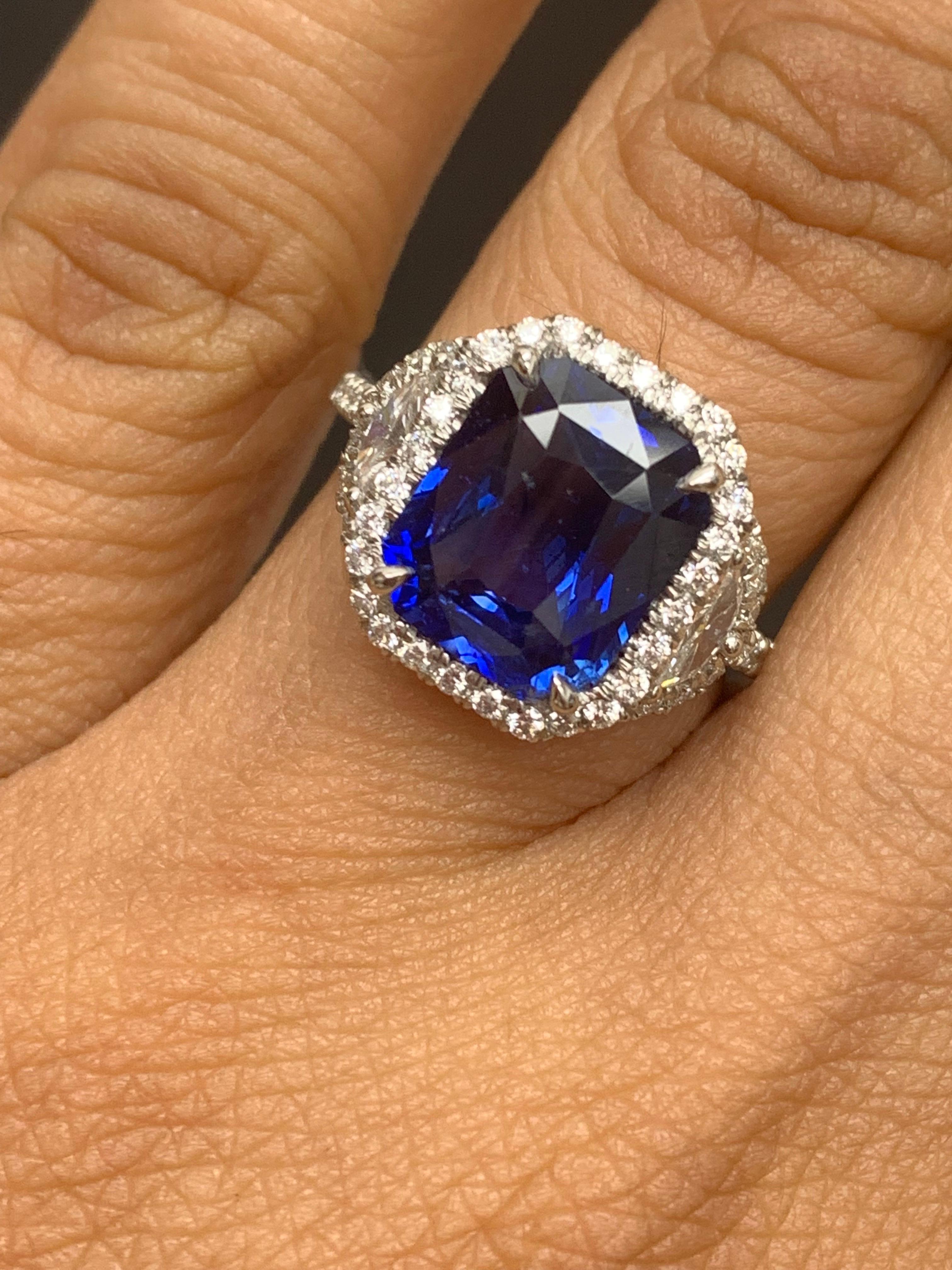 Modern GIA Certified 4.41 Carat Emerald Cut Sapphire Diamond 3 Stone Ring in Platinum For Sale