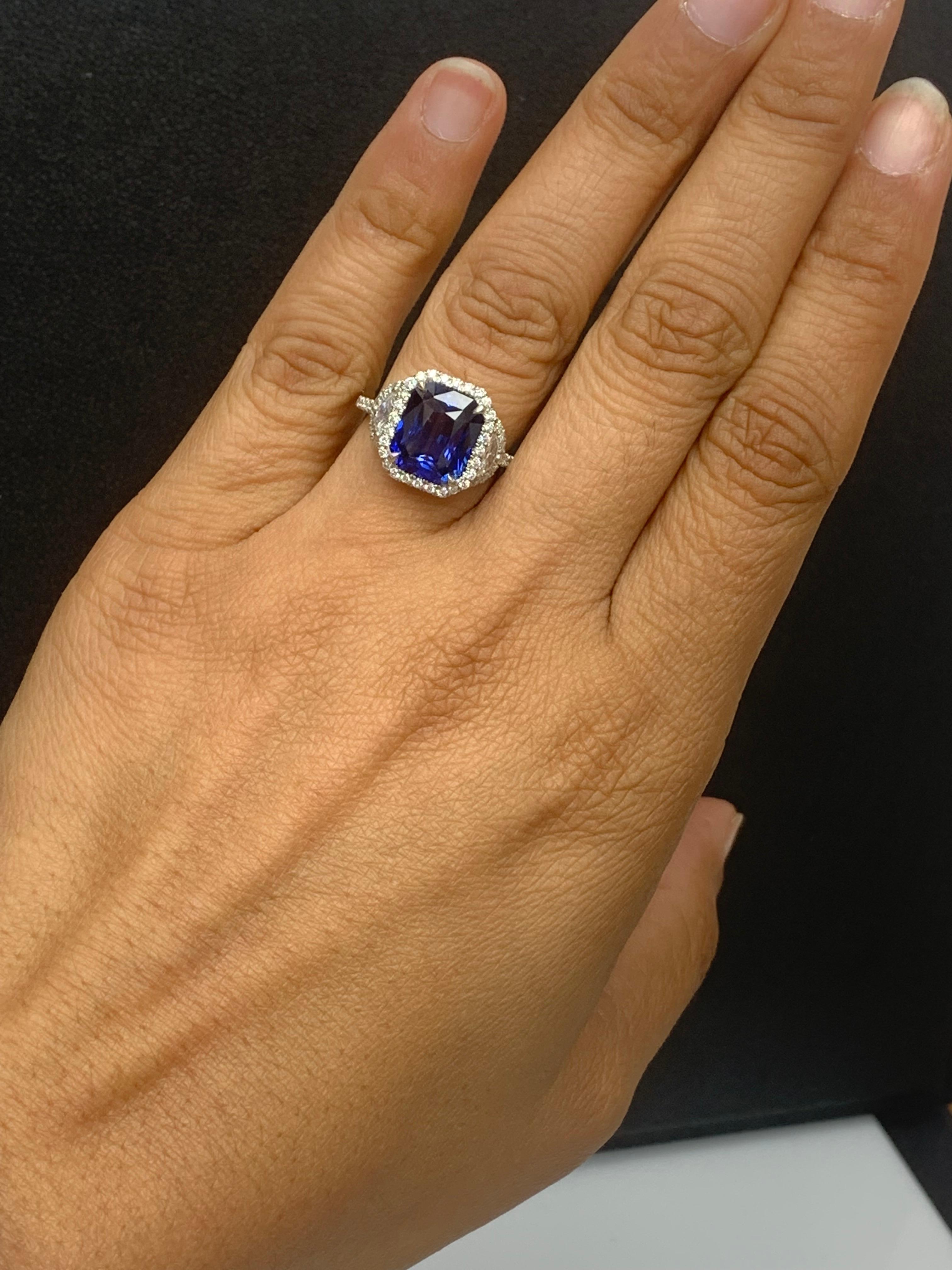 GIA Certified 4.41 Carat Emerald Cut Sapphire Diamond 3 Stone Ring in Platinum For Sale 3