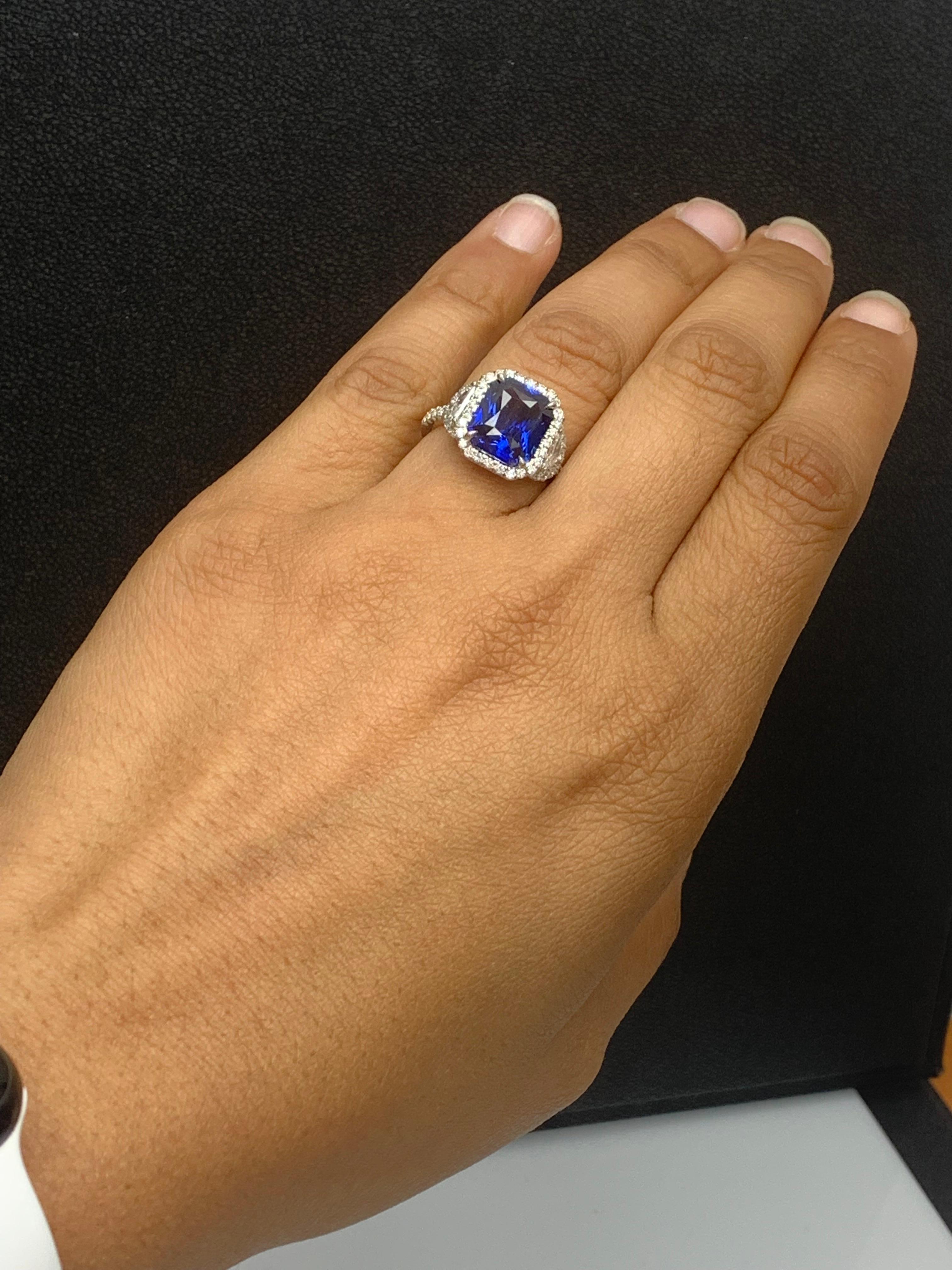 GIA Certified 4.41 Carat Emerald Cut Sapphire Diamond 3 Stone Ring in Platinum For Sale 4