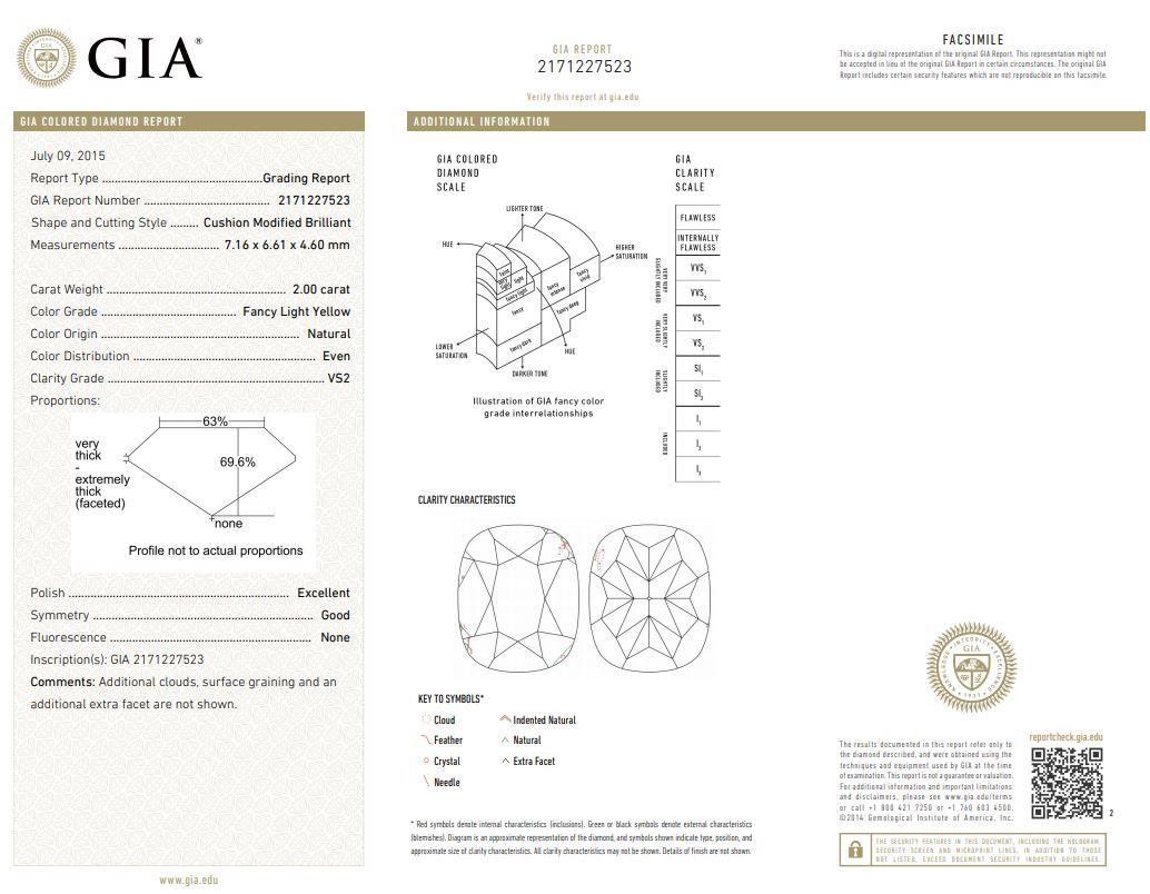 Platinum Fancy Light Yellow diamond stud earrings with two GIA Certified Cushion Cut Diamonds. 
- Center diamonds totaling 4.00 Carats Fancy Light Yellow Cushion Cut Diamonds, VS2 AND VS2 in Clarity, surrounded by 0.42 Carats of White brilliant cut