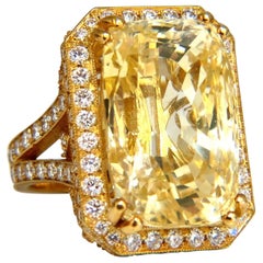 GIA Certified 44.24 Carat Natural No Heat Yellow Sapphire Diamonds Ring 18 Karat