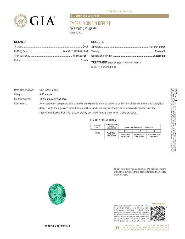 Oval Cut GIA Certified 4.43 Colombian Minor Oil Emerald Diamond Cocktail Ring For Sale