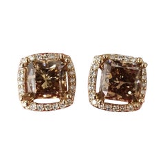 GIA Certified 4.44 Carat Square Fancy Yellow Brown Diamond Earrings