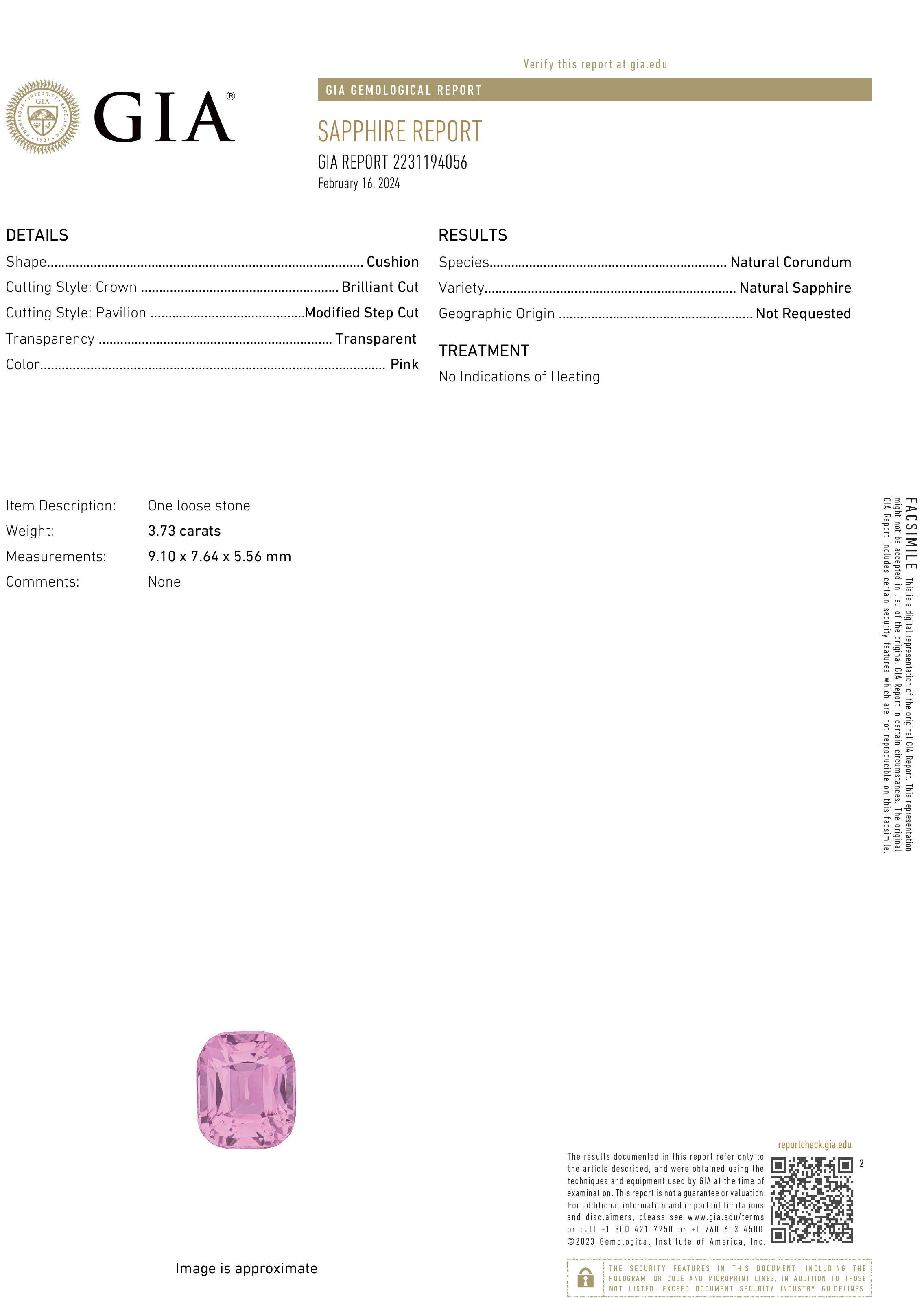 Exquisitely crafted by the master artisans of Provident Jewelry in a harmonious blend of platinum and 18-karat rose gold, this remarkable ring showcases a GIA-certified pink sapphire weighing 4.45 carats. Untreated and radiating a lush, bubble-gum