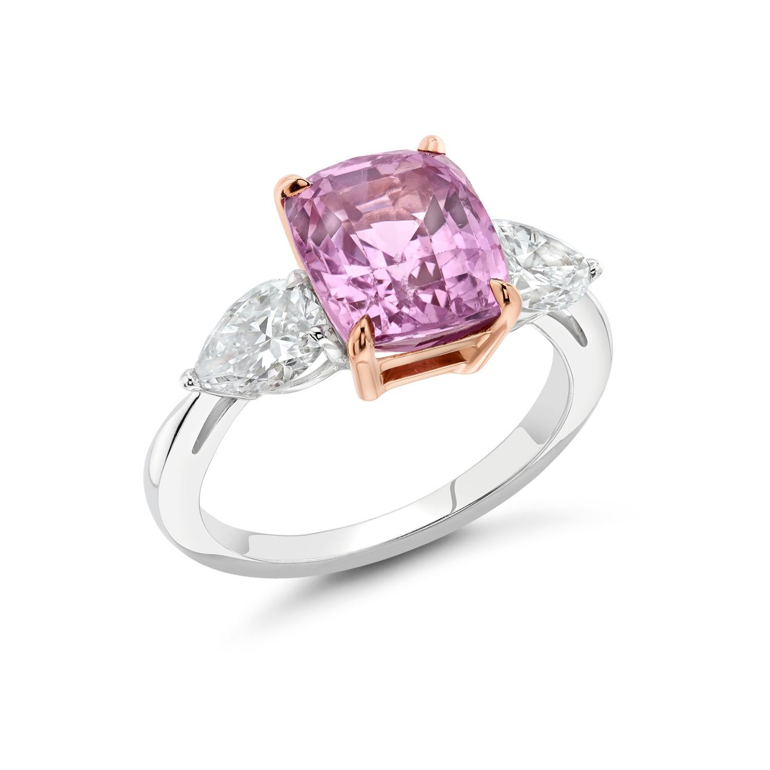 Cushion Cut GIA Certified 4.45 Carat Pink Sapphire and Diamond Ring For Sale