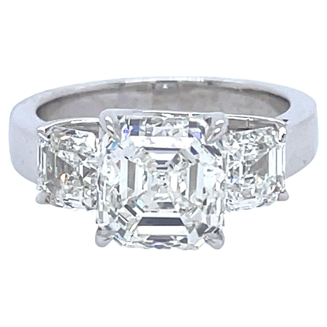 GIA Certified 4.46 Carat Natural Diamond Three Stone Engagement Ring in Platinum For Sale